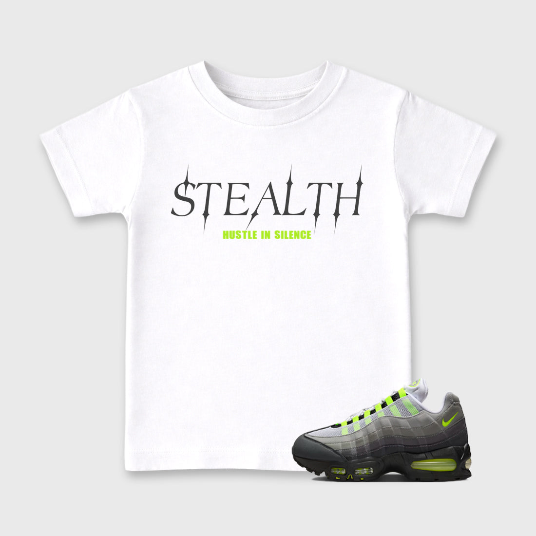 Sneakerfit graphic tee destination – Sneaker Tees To Match Air Max 95 Neon Yellow Sneakers – Stealth Kids T-Shirt White 1