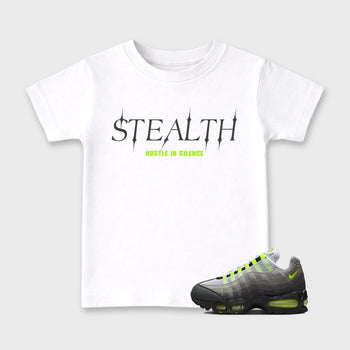 Sneakerfit graphic tee destination – Sneaker Tees To Match Air Max 95 Neon Yellow Sneakers – Stealth Kids T-Shirt White 1