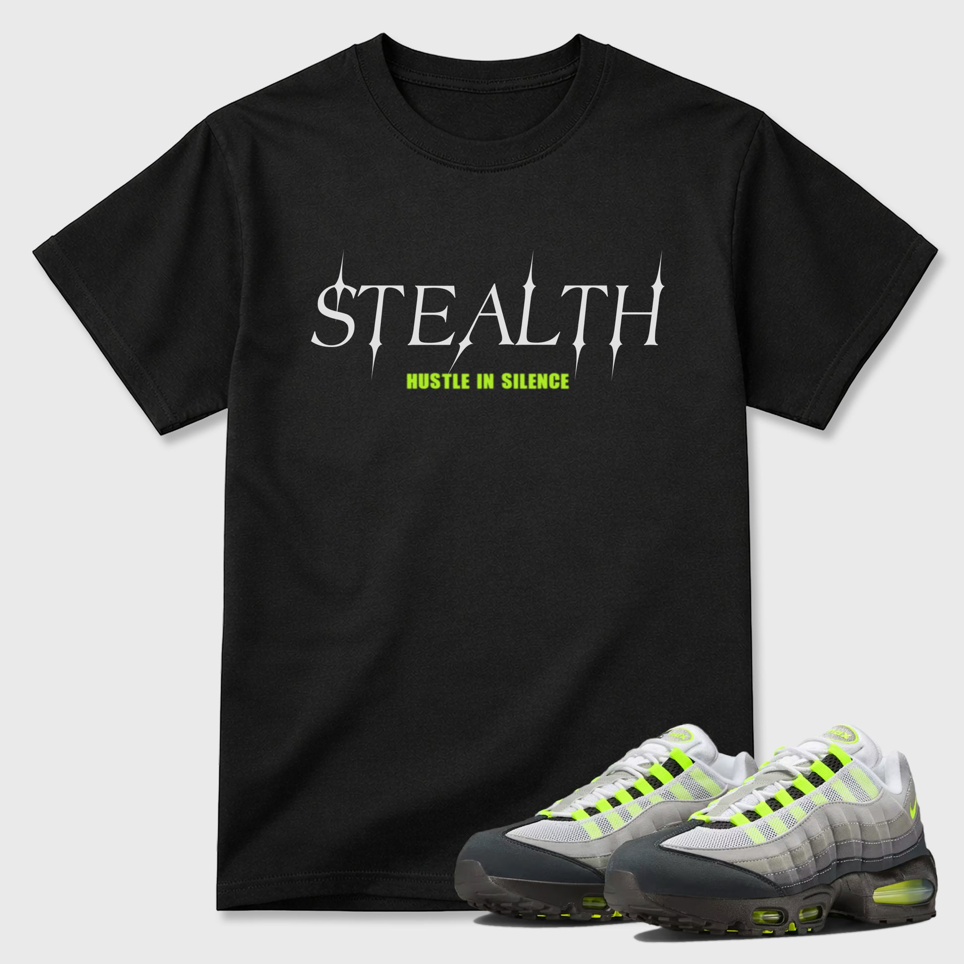 Sneakerfit graphic tee destination – Sneaker Tees To Match Air Max 95 Neon Yellow Sneakers – Stealth Tee Black 1