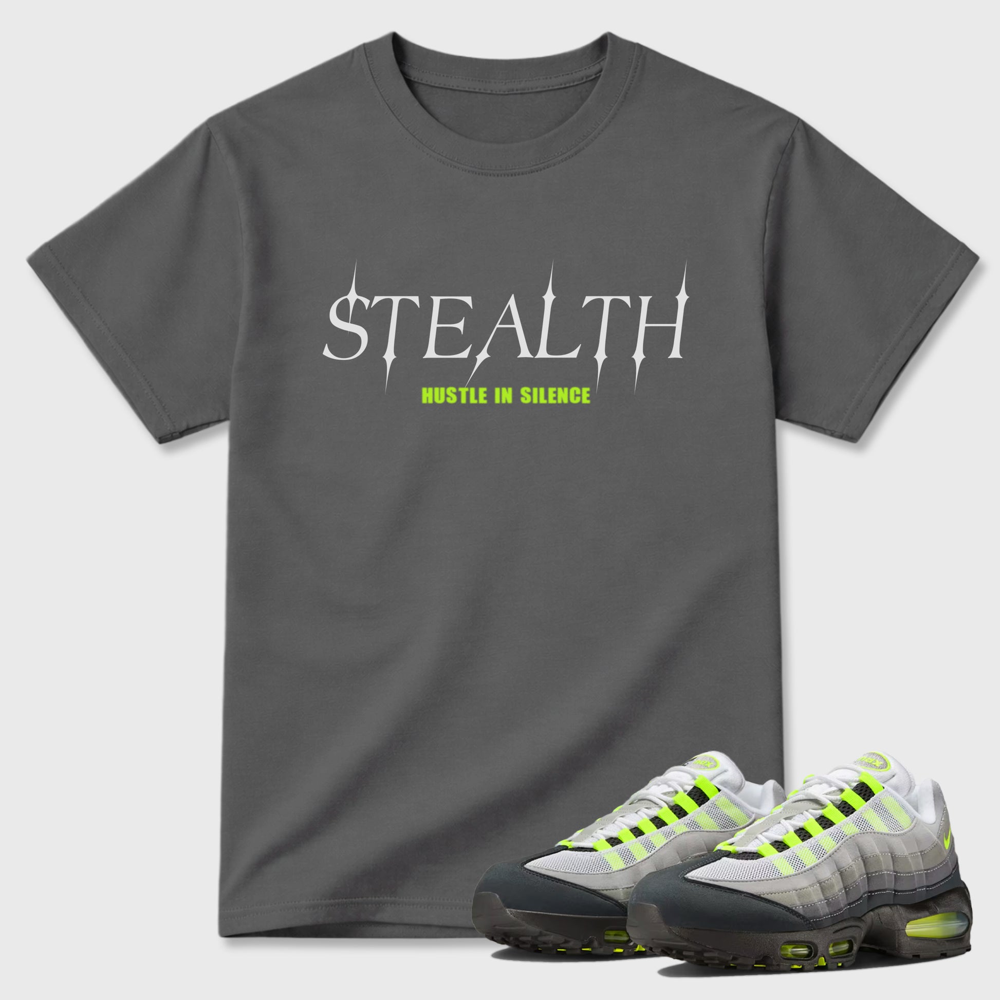 Sneakerfit graphic tee destination – Sneaker Tees To Match Air Max 95 Neon Yellow Sneakers – Stealth Tee Cool Grey 1