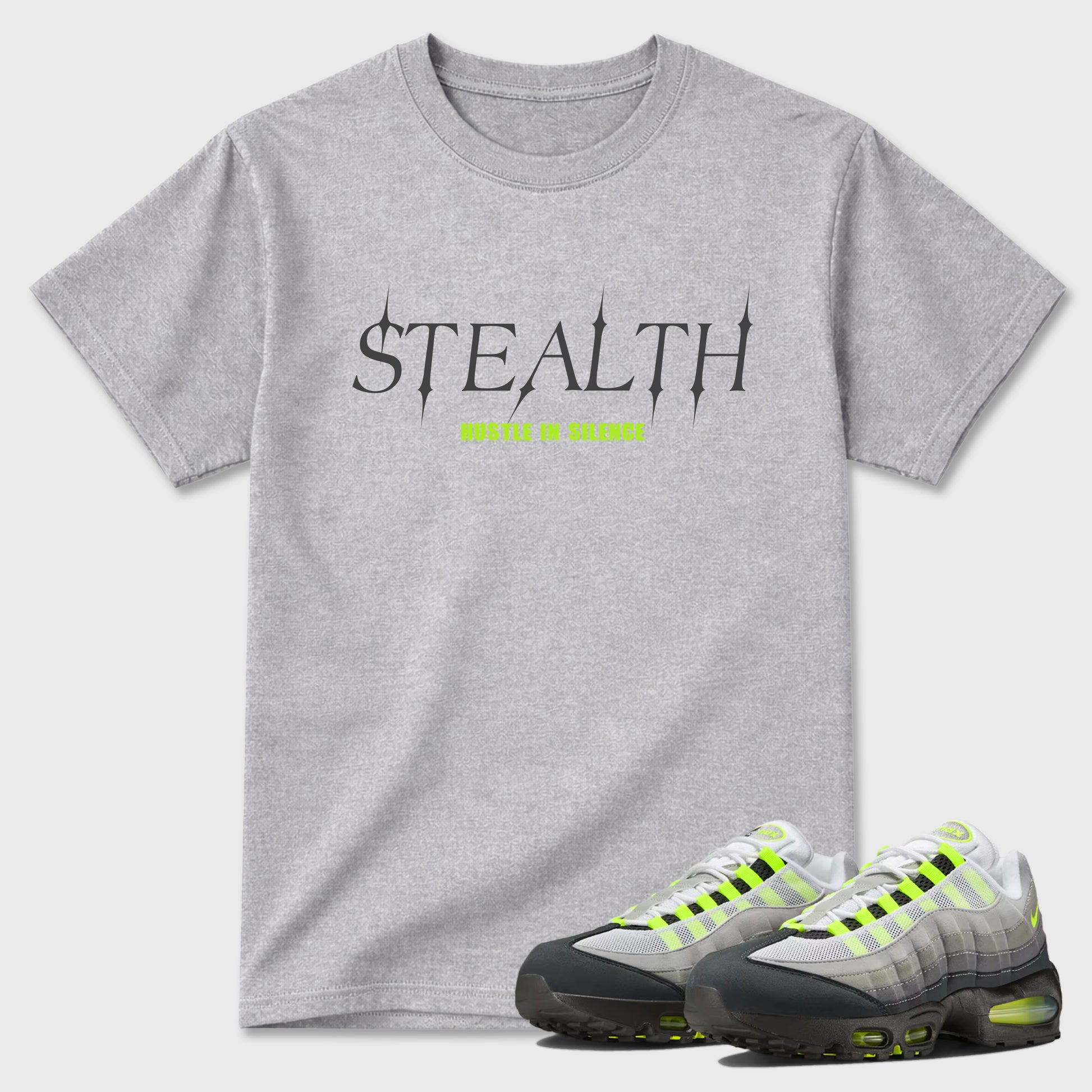 Sneakerfit graphic tee destination – Sneaker Tees To Match Air Max 95 Neon Yellow Sneakers – Stealth Tee Heather Grey 1