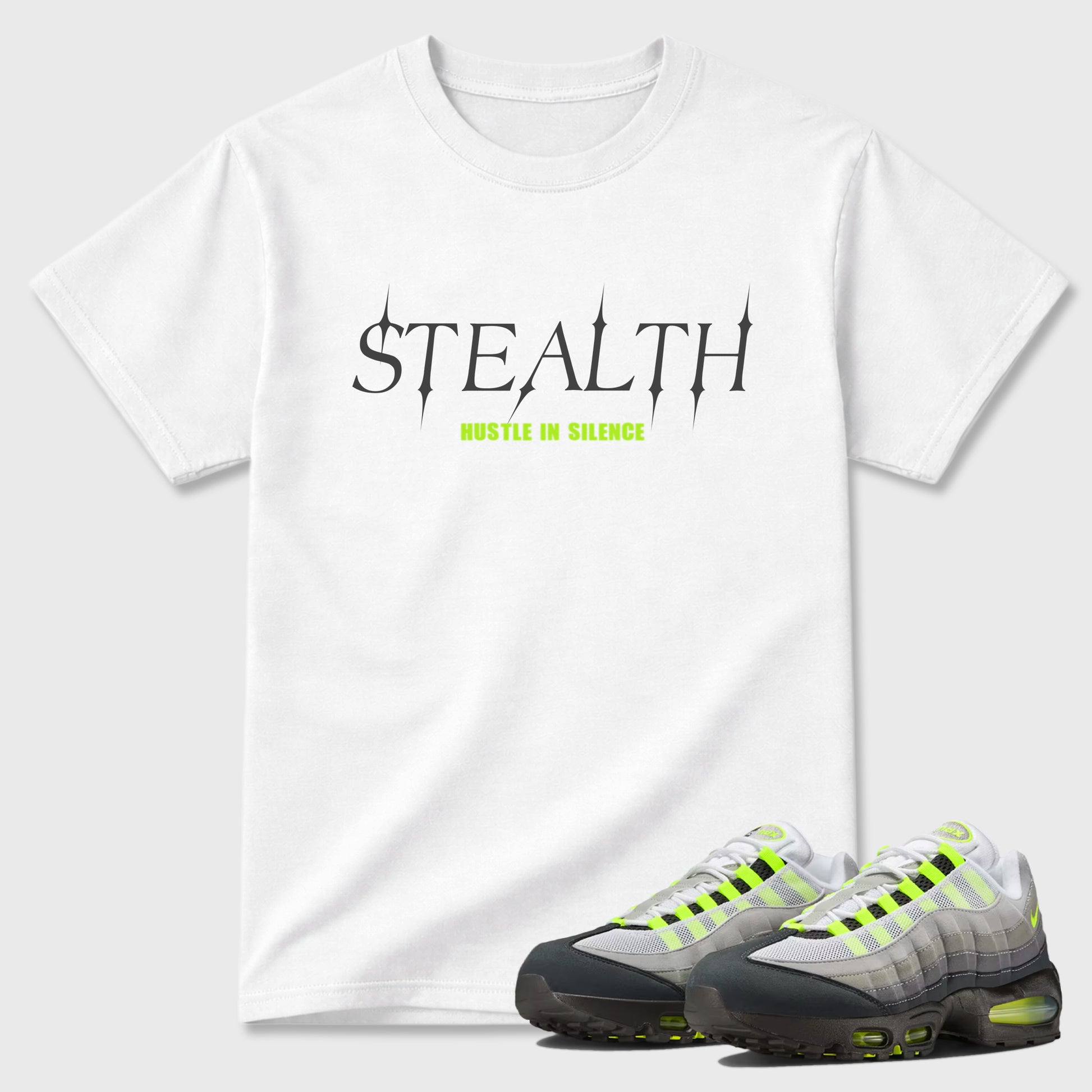 Sneakerfit graphic tee destination – Sneaker Tees To Match Air Max 95 Neon Yellow Sneakers – Stealth Tee White 1