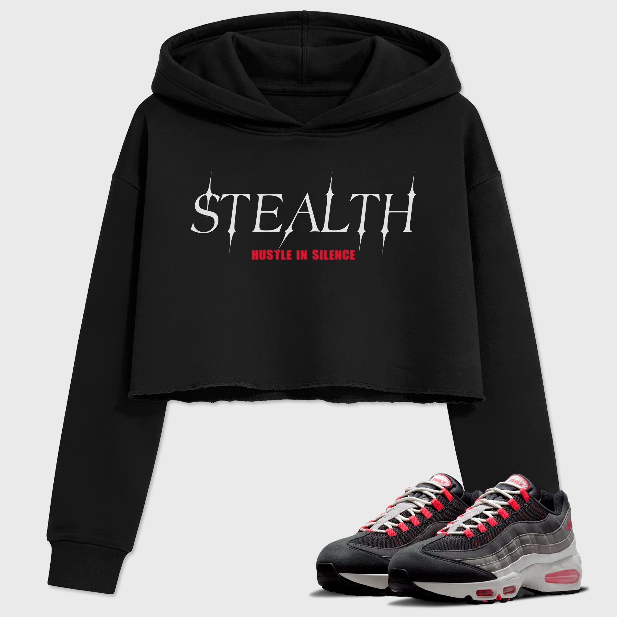 Stealth Women’s Graphic Crop Tee featuring original streetwear artwork designed to match the Air Max 95 Reverse Solar Red. Black 1 Crop Tee.