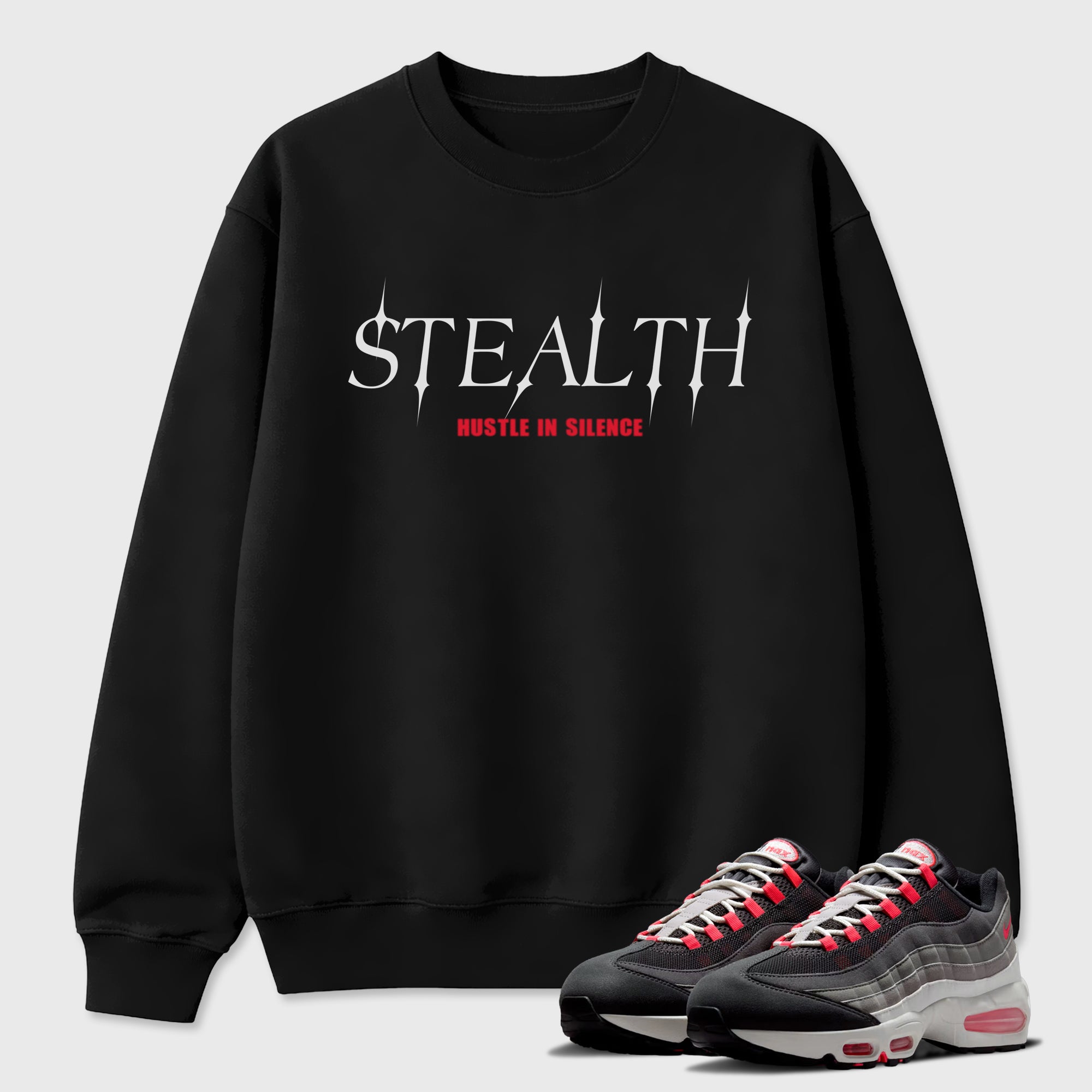 Stealth Graphic T-Shirt featuring original streetwear artwork designed to match the Air Max 95 Reverse Solar Red. Black 1 Graphic Tee.