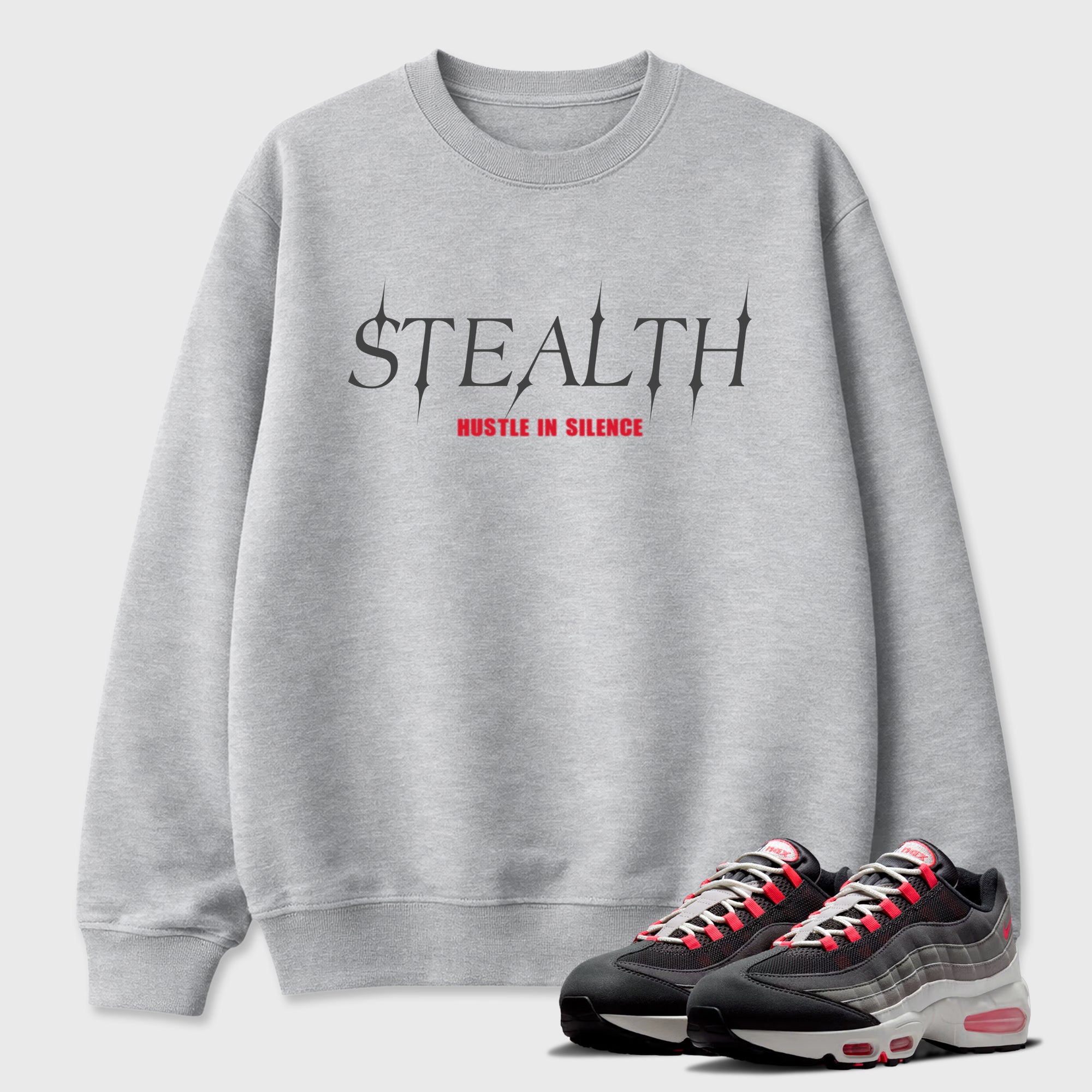 Stealth Graphic T-Shirt featuring original streetwear artwork designed to match the Air Max 95 Reverse Solar Red. Heather Grey 1 Graphic Tee.