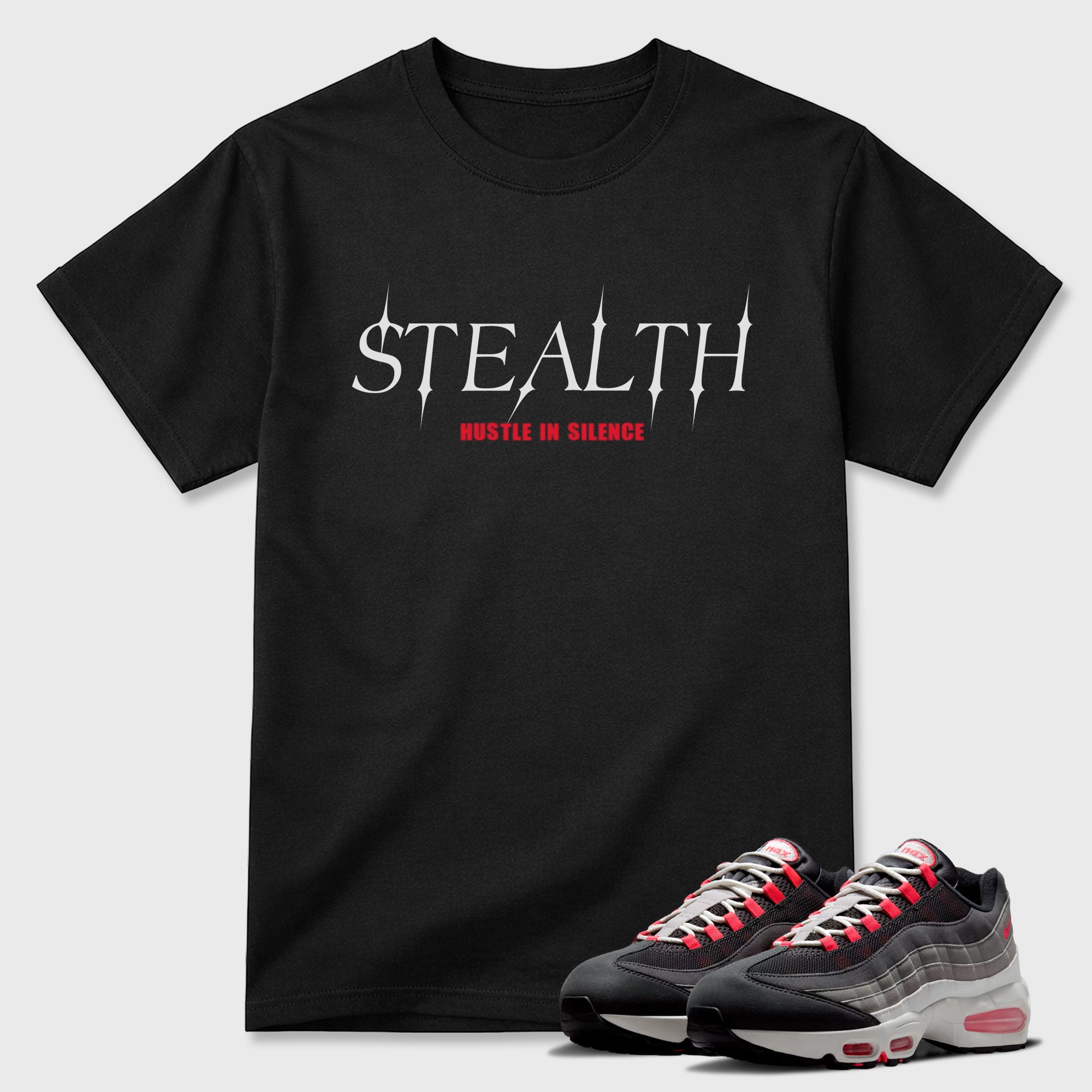 Stealth Graphic T-Shirt featuring original streetwear artwork designed to match the Air Max 95 Reverse Solar Red. Black 1 Graphic T-Shirt.