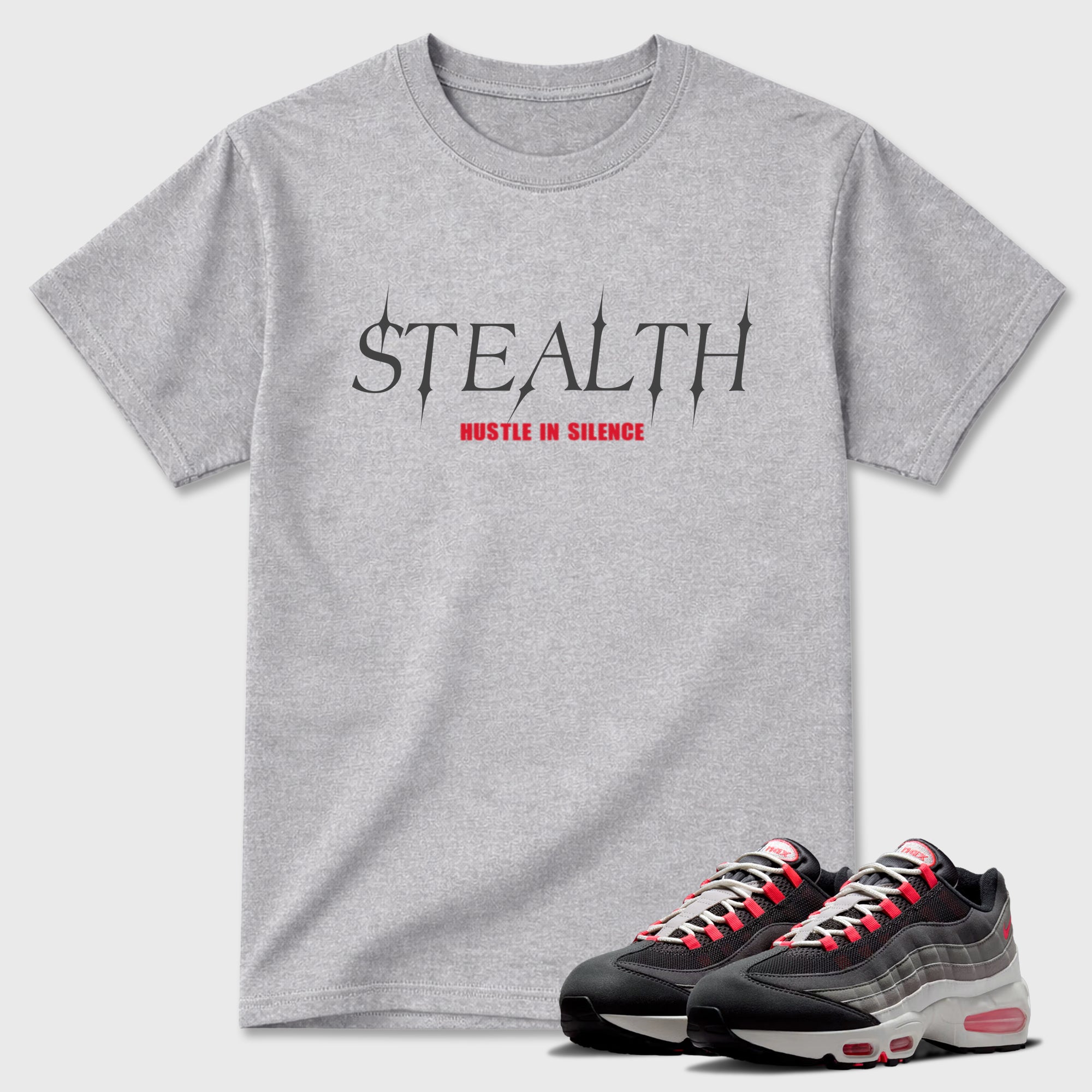 Stealth Graphic T-Shirt featuring original streetwear artwork designed to match the Air Max 95 Reverse Solar Red. Heather Grey 1 Graphic T-Shirt.