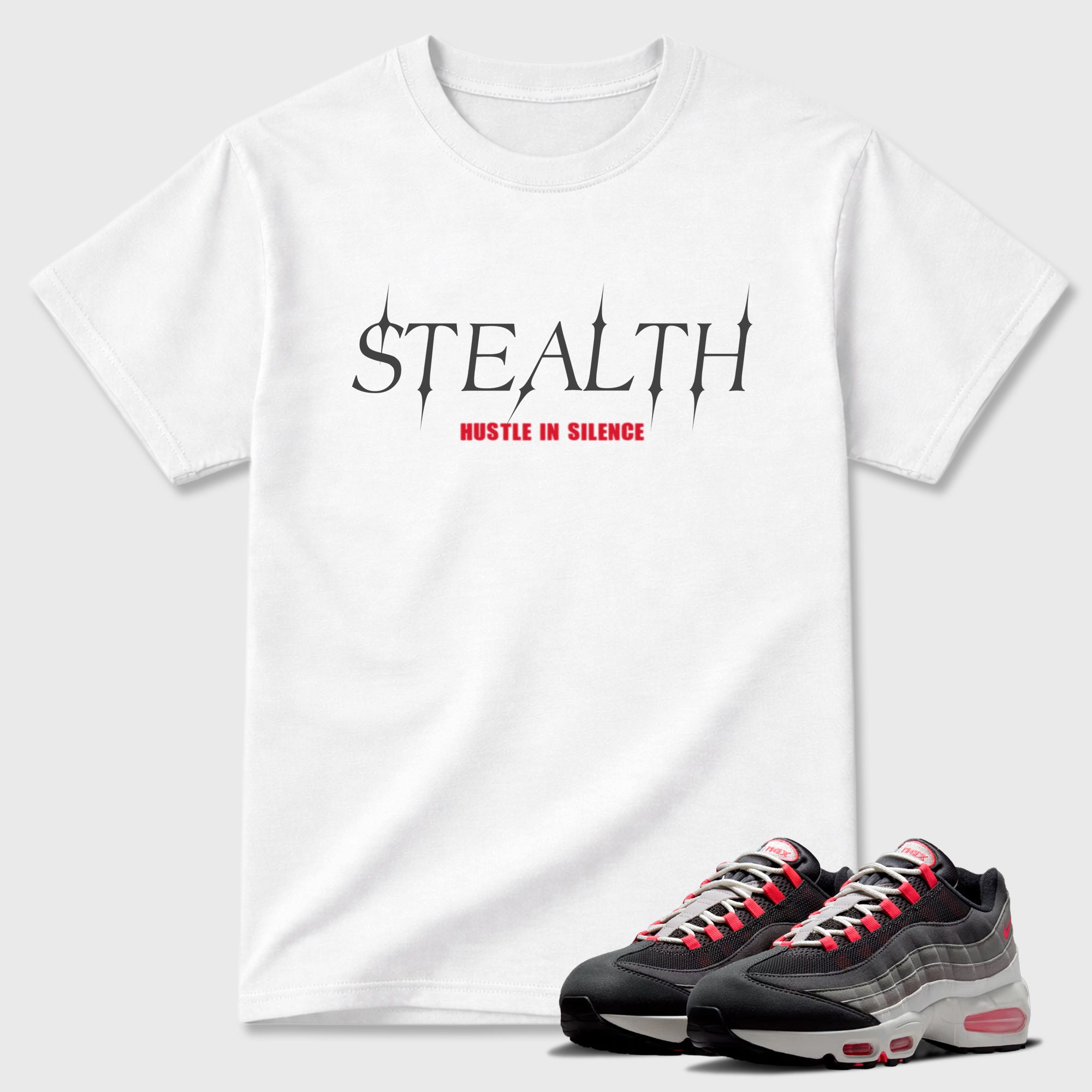 Stealth Graphic T-Shirt featuring original streetwear artwork designed to match the Air Max 95 Reverse Solar Red. White 1 Graphic T-Shirt.