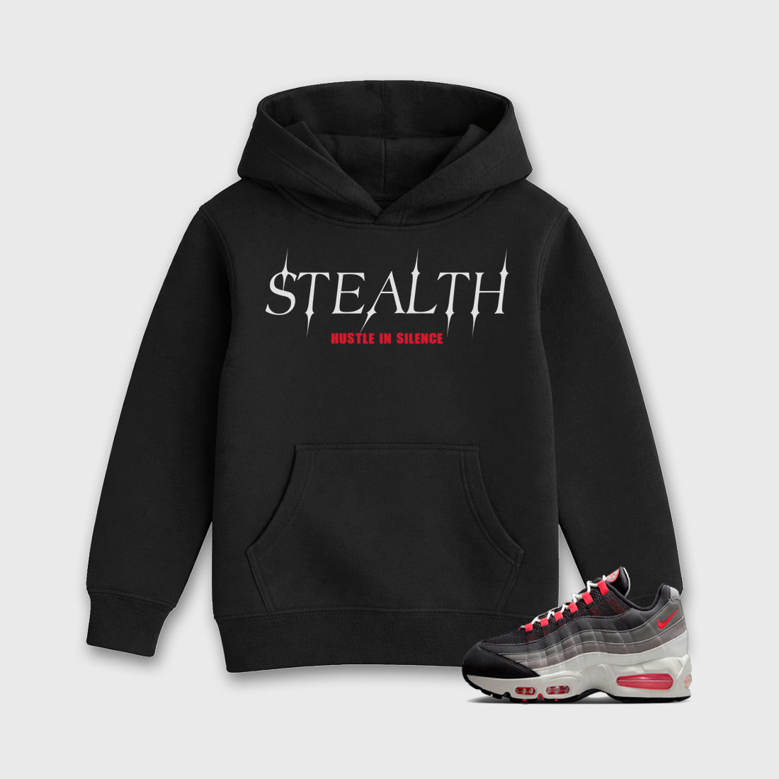 Stealth Baby & Kids Graphic Hoodie featuring original artwork designed to match the Air Max 95 Reverse Solar Red. Black 1 Kids Graphic Sweater.