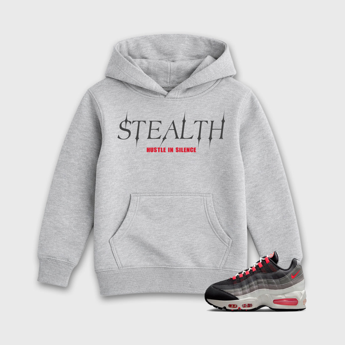 Stealth Baby & Kids Graphic Hoodie featuring original artwork designed to match the Air Max 95 Reverse Solar Red. Heather Grey 1 Kids Graphic Sweater.