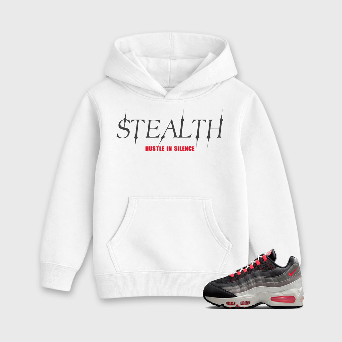 Stealth Baby & Kids Graphic Hoodie featuring original artwork designed to match the Air Max 95 Reverse Solar Red. White 1 Kids Graphic Sweater.