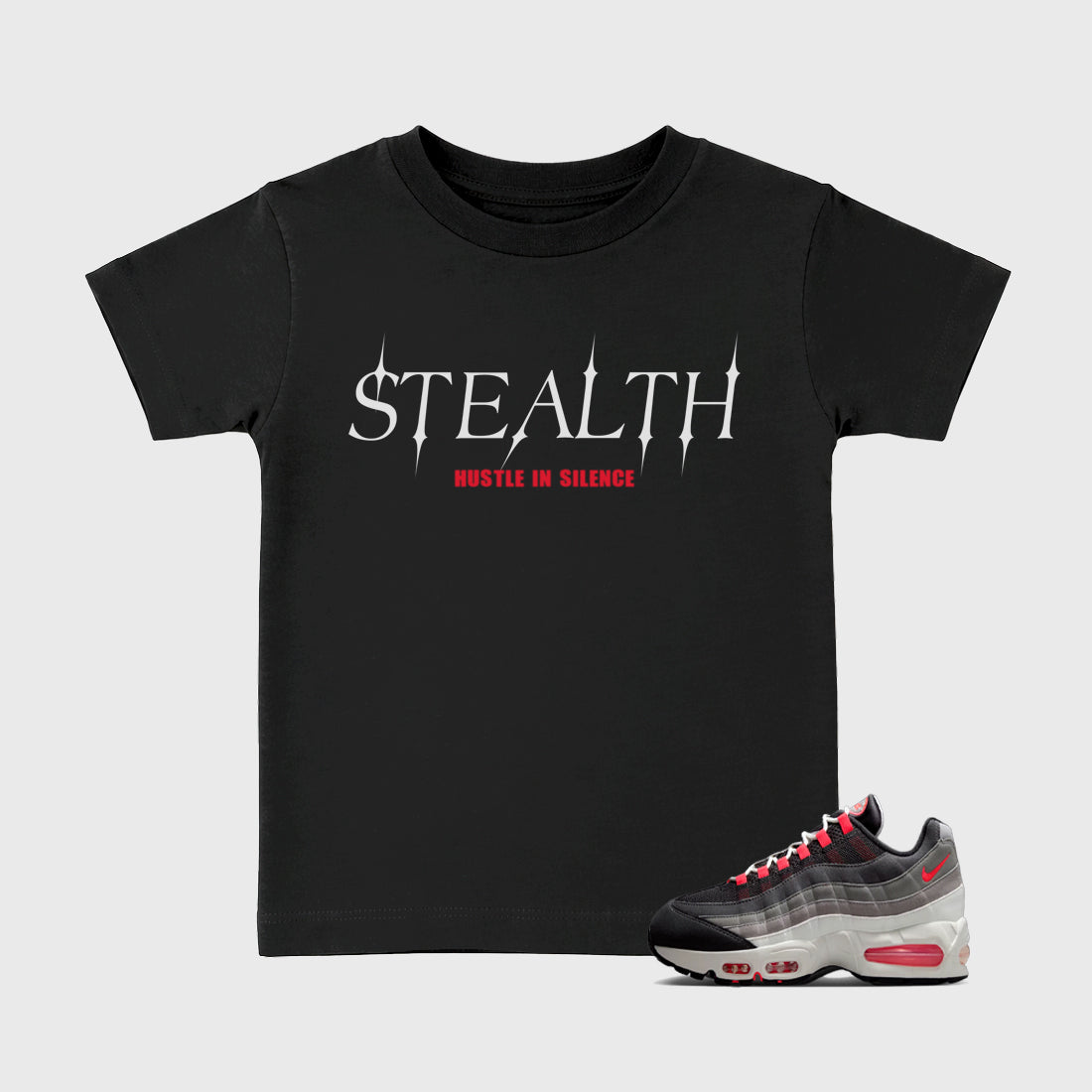 Stealth Baby & Kids Graphic T-Shirt featuring original artwork designed to match the Air Max 95 Reverse Solar Red. Black 1 Kids Graphic Tee.