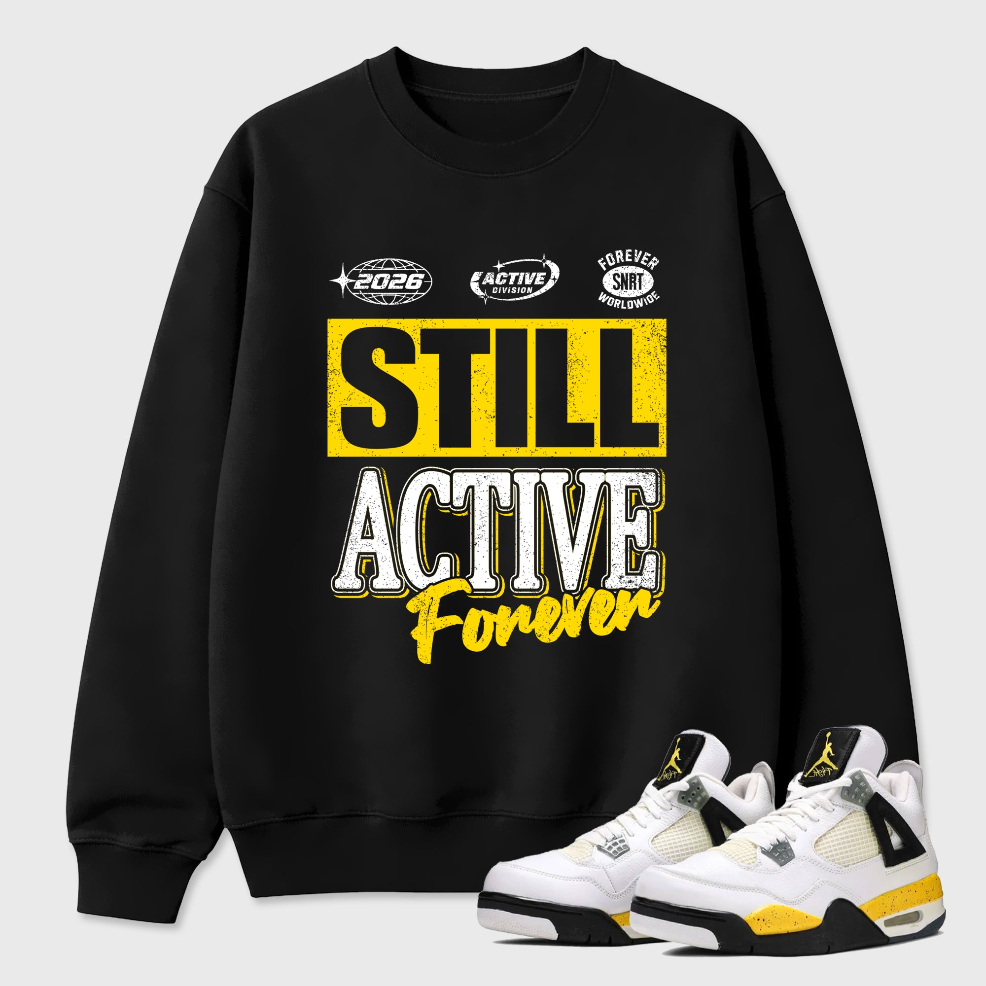 Still Active Graphic T-Shirt featuring original streetwear artwork designed to match the Air Jordan 4 Tour Yellow. Black 1 Graphic Tee.