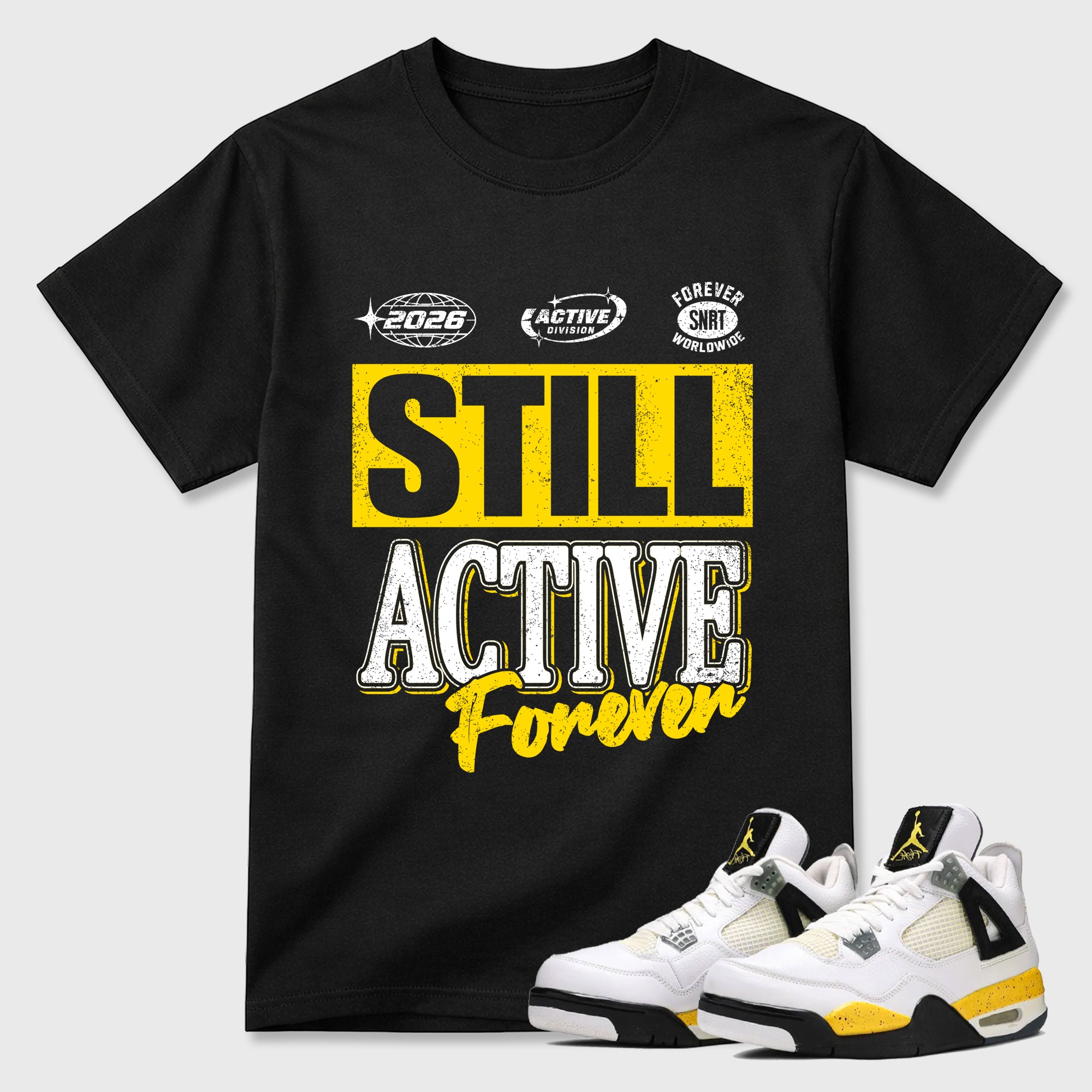 Still Active Graphic T-Shirt featuring original streetwear artwork designed to match the Air Jordan 4 Tour Yellow. Black 1 Graphic T-Shirt.