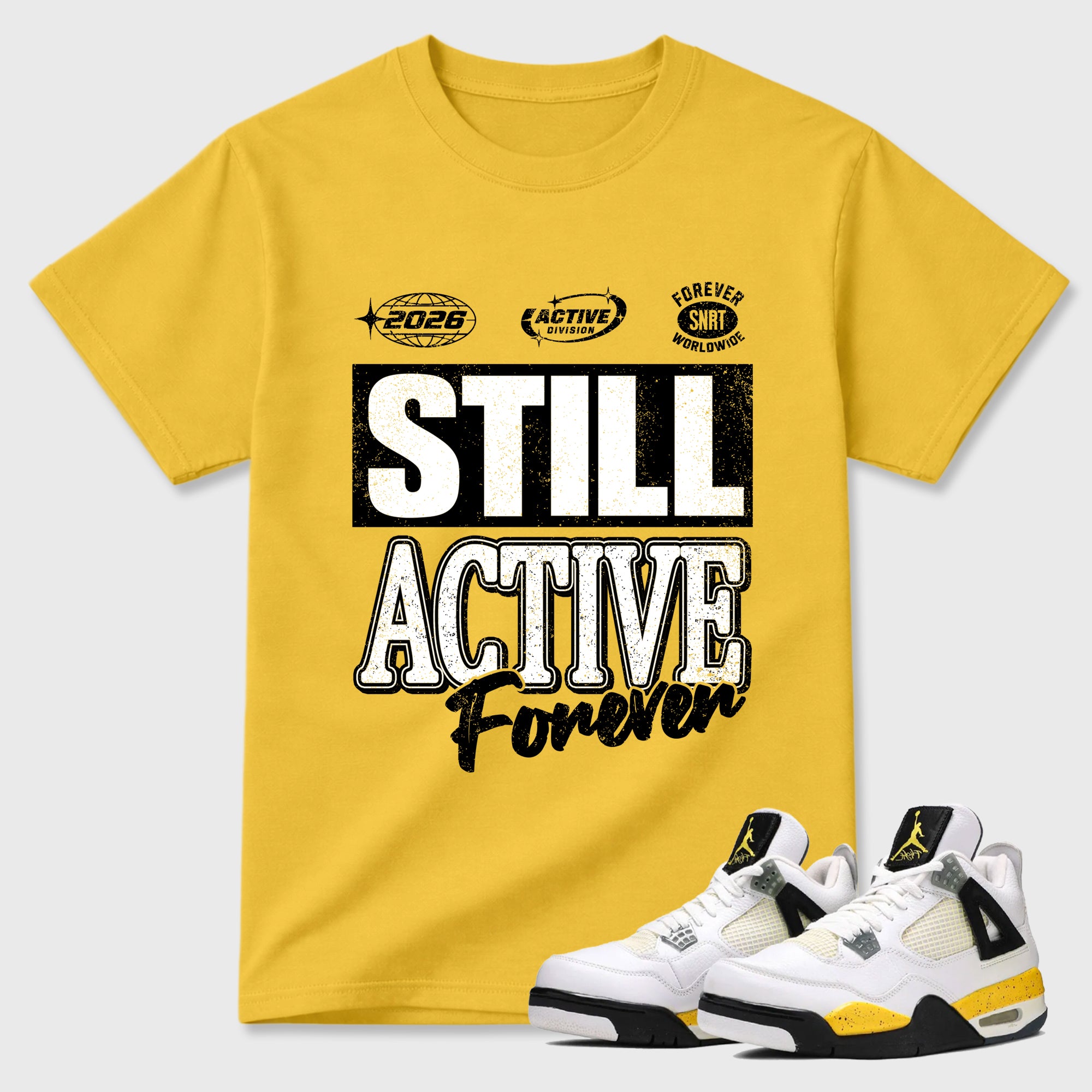 Still Active Graphic T-Shirt featuring original streetwear artwork designed to match the Air Jordan 4 Tour Yellow. Daisy 1 Graphic T-Shirt.