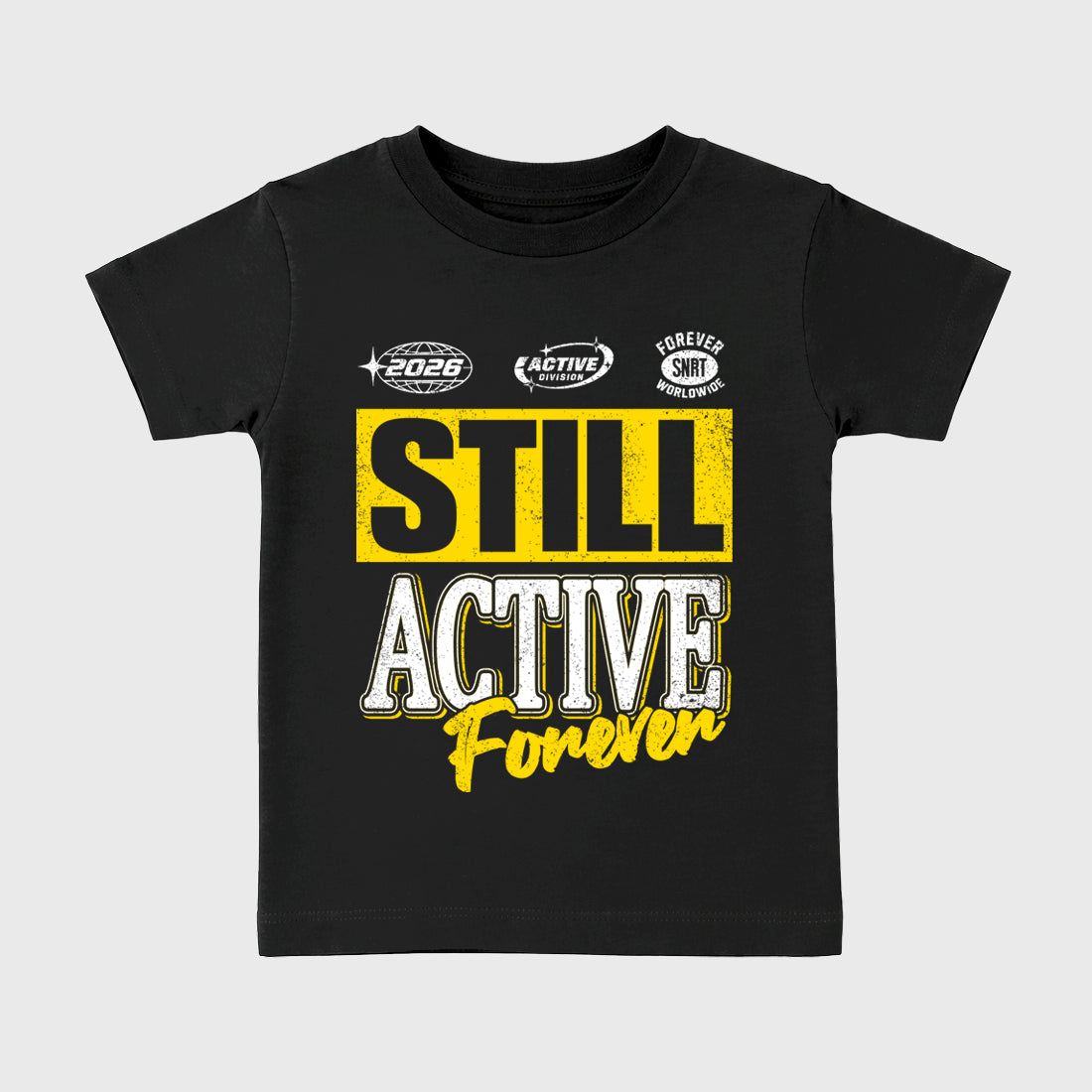 Still Active Baby & Kids Graphic T-Shirt featuring original artwork designed to match the Air Jordan 4 Tour Yellow. Black 1 Kids Graphic Tee.