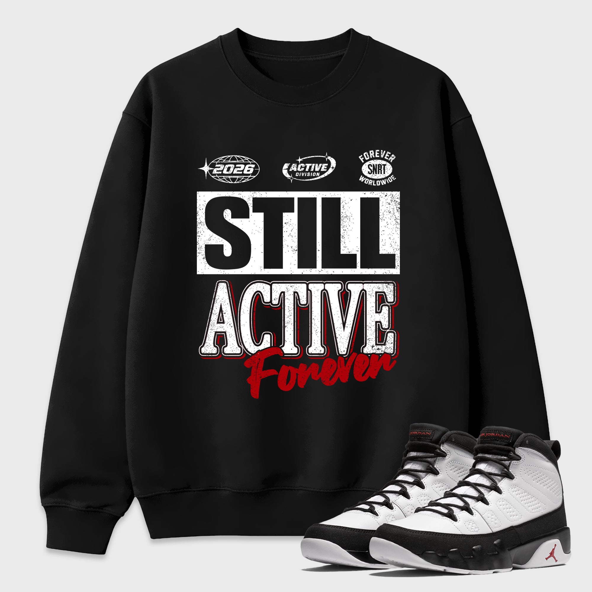 Still Active Graphic T-Shirt featuring original streetwear artwork designed to match the Air Jordan 9 True Red. Black 1 Graphic Tee.