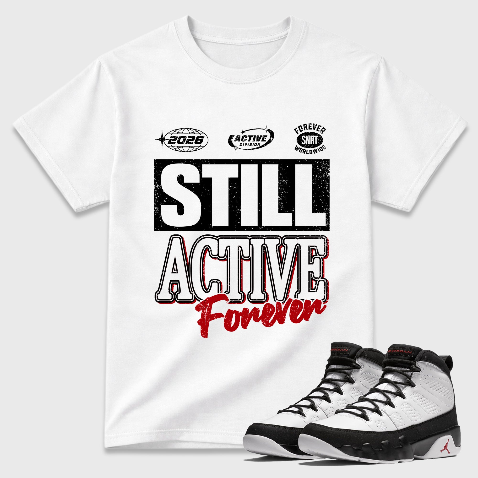 Still Active Graphic T-Shirt featuring original streetwear artwork designed to match the Air Jordan 9 True Red. White 1 Graphic T-Shirt.
