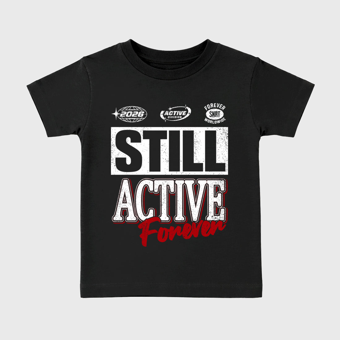 Still Active Baby & Kids Graphic T-Shirt featuring original artwork designed to match the Air Jordan 9 True Red. Black 2 Kids Graphic Tee.