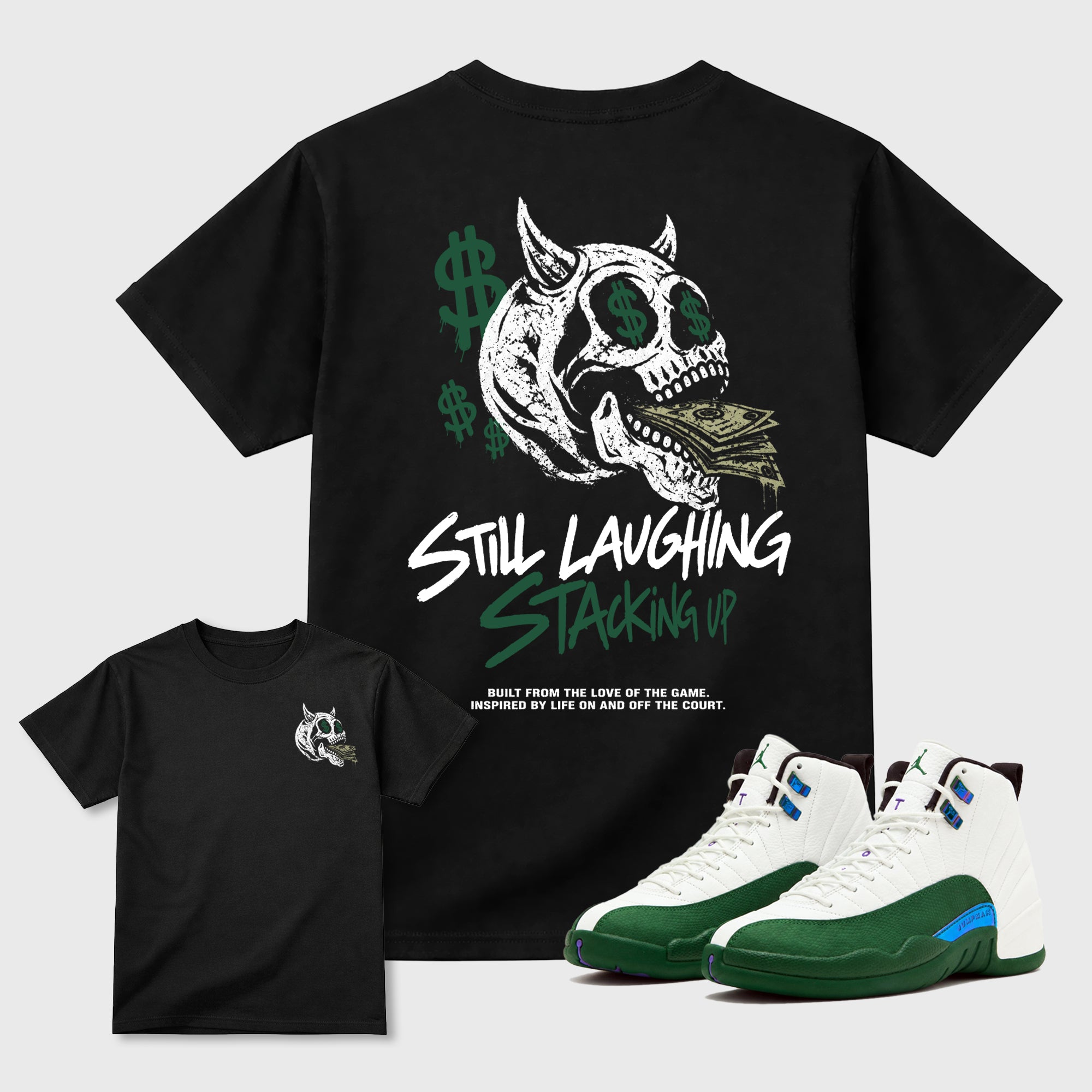 Still Laughing Stackig Up Black Graphic T-Shirt - 1, sneaker matching tee designed to match  AJ9 Bucks sneakers for a coordinated sneaker outfit.