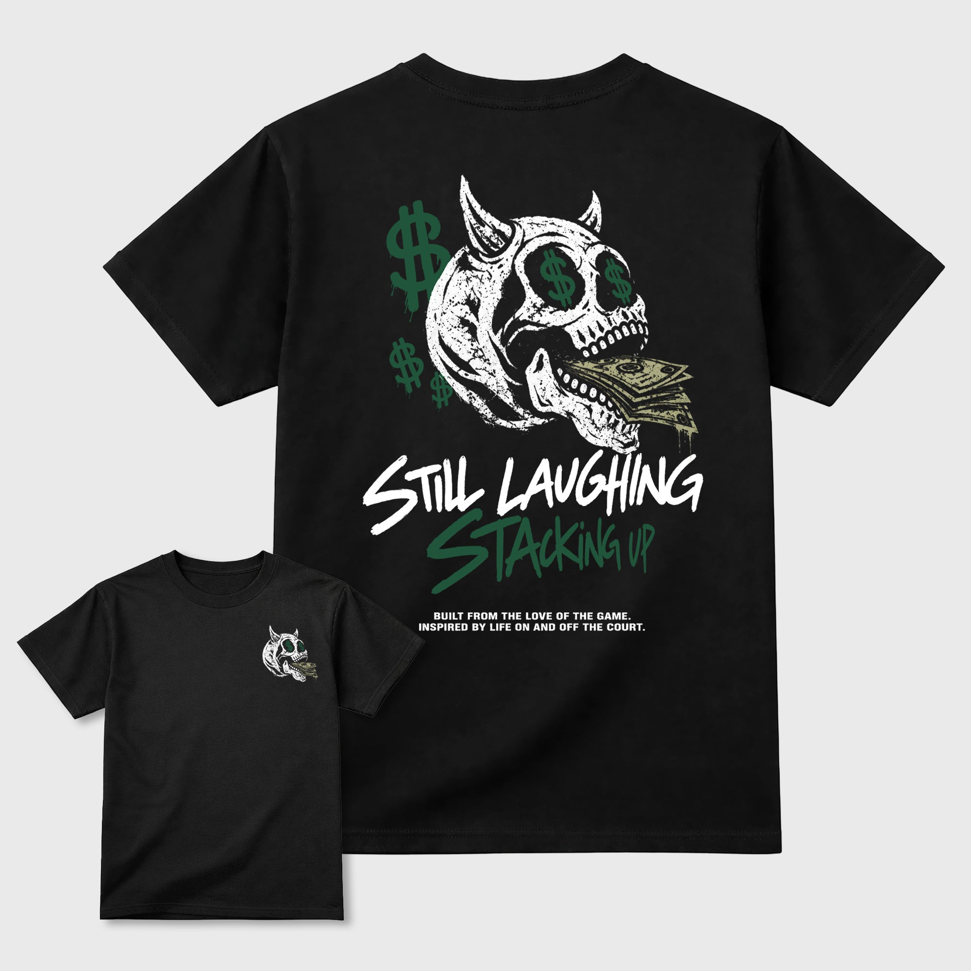 Still Laughing Stackig Up Black Graphic T-Shirt - 3, sneaker matching shirt designed to pair with  AJ9 Bucks sneakers for a coordinated streetwear outfit.