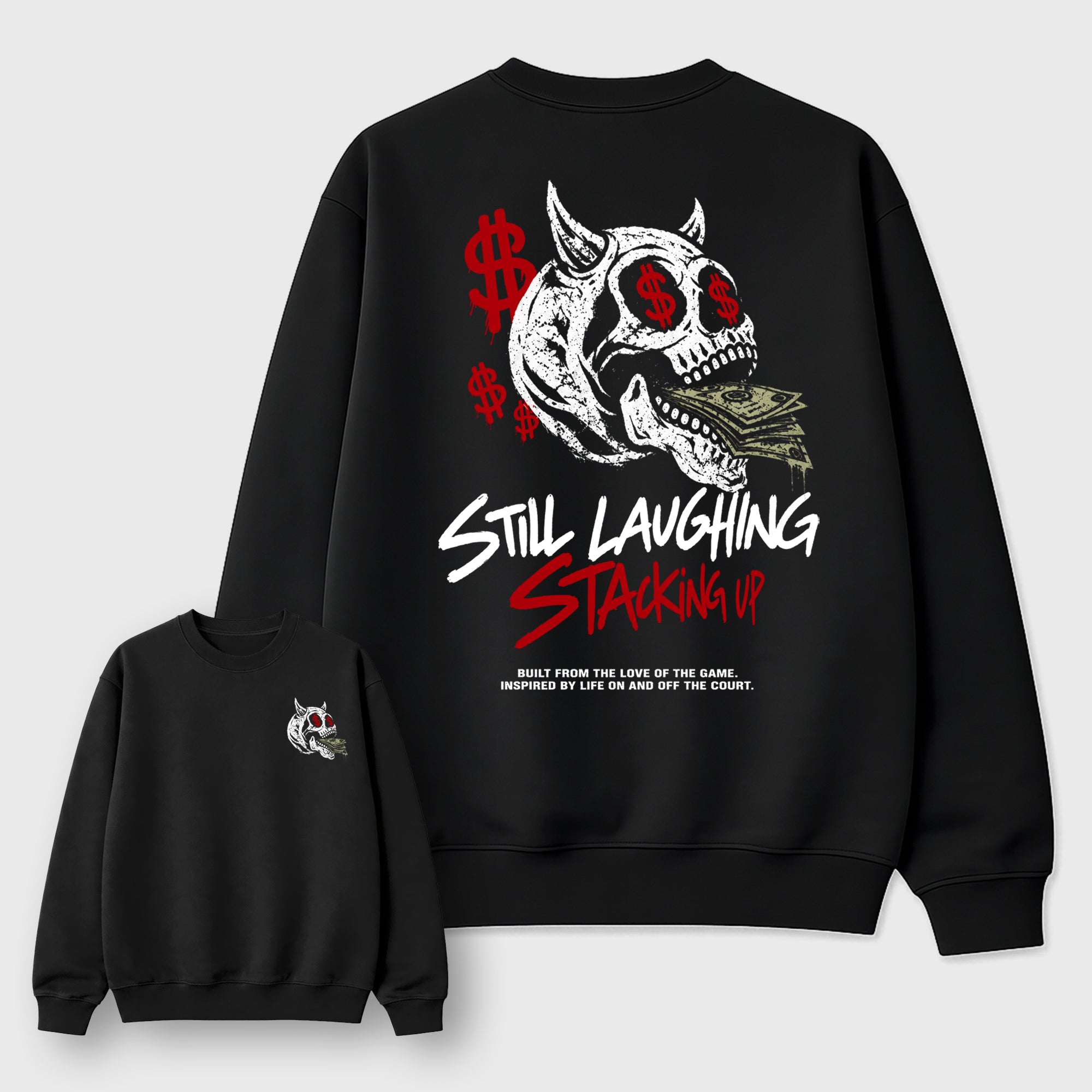 Still Laughing Stackig Up Black Graphic Sweatshirt - 3, a graphic streetwear sweatshirt inspired by Air Jordan 9 Retro Space Jam sneakers for an easy coordinated sneaker fit.