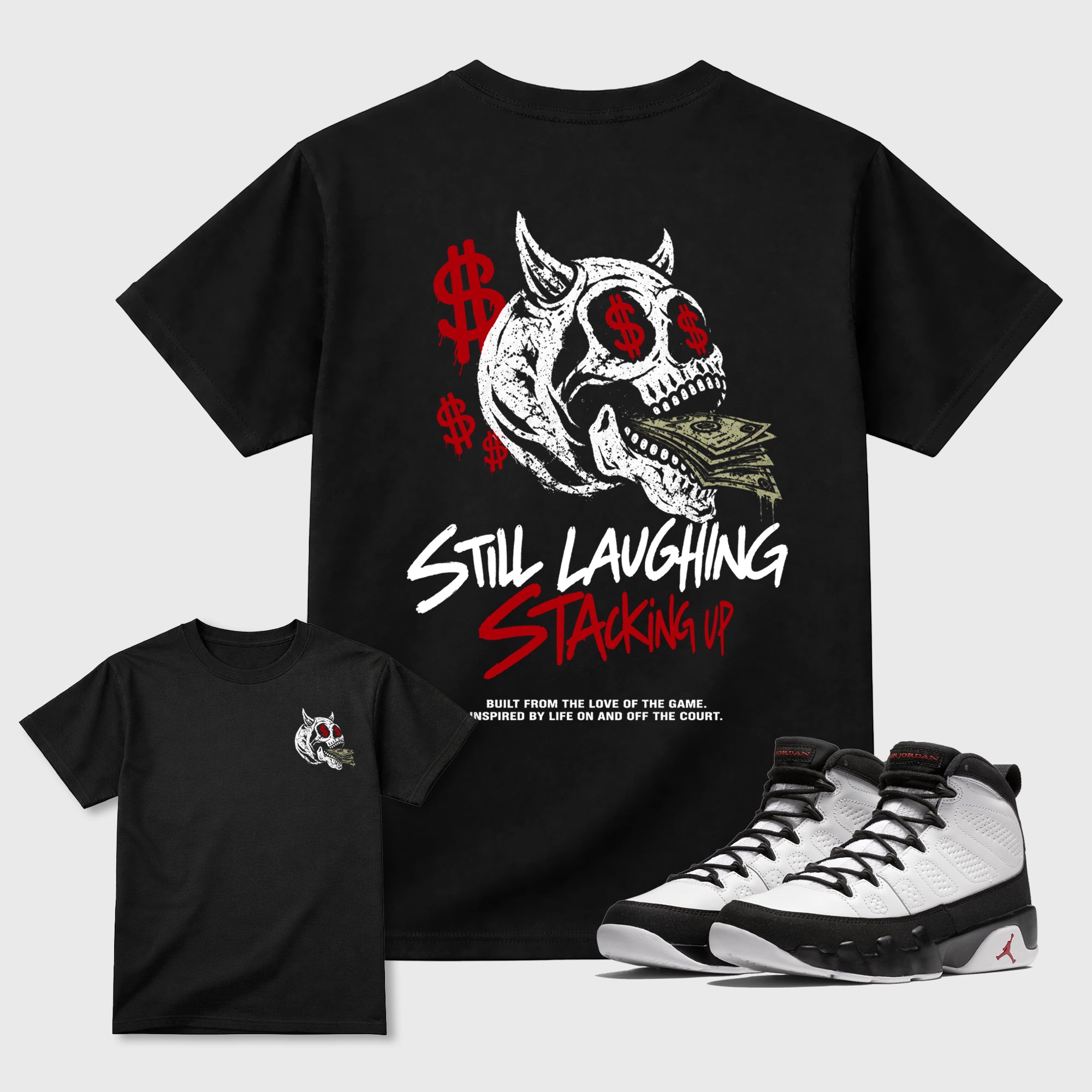 Still Laughing Stackig Up Black Graphic T-Shirt - 1, sneaker matching tee designed to match Air Jordan 9 Retro Space Jam sneakers for a coordinated sneaker outfit.