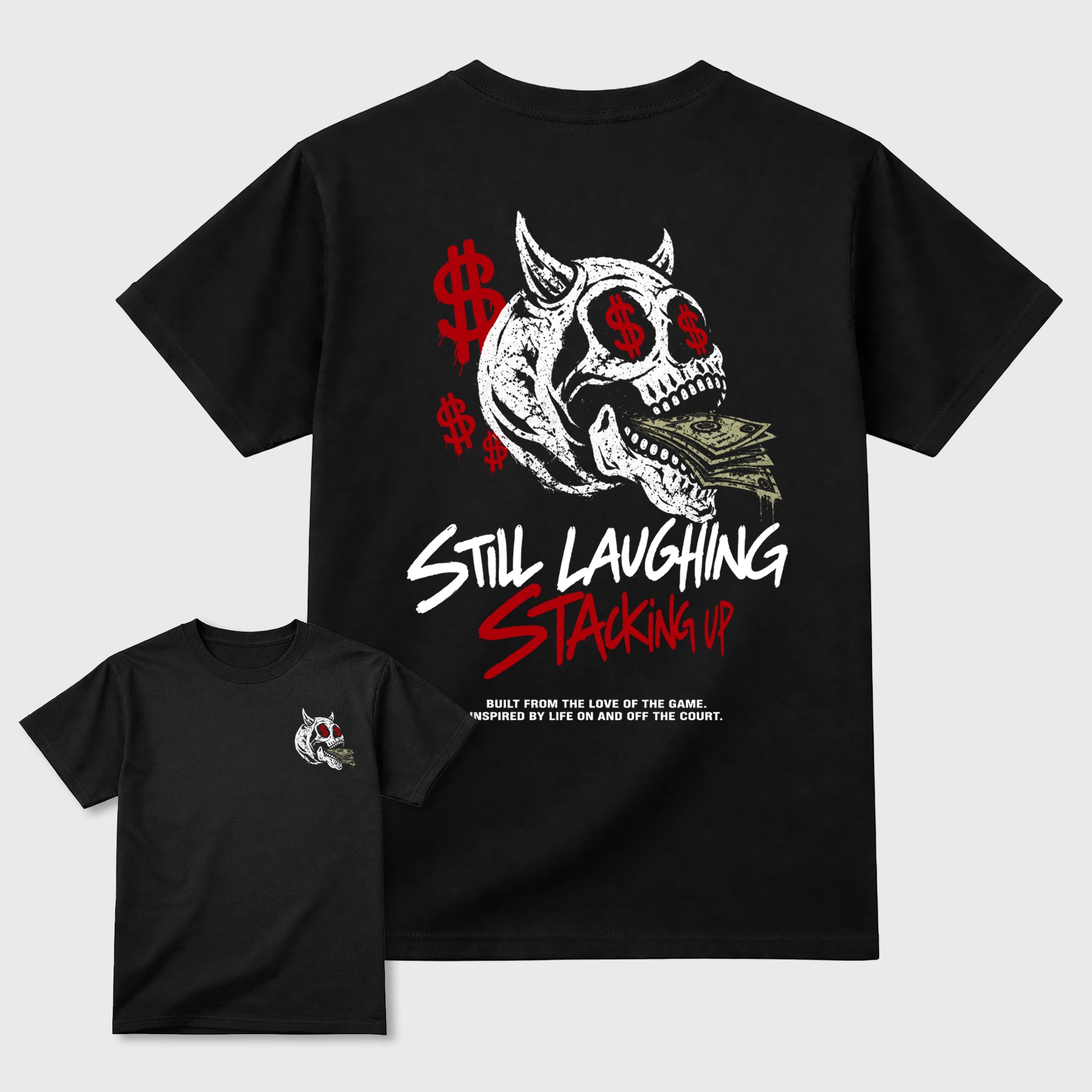 Still Laughing Stackig Up Black Graphic T-Shirt - 3, sneaker matching shirt designed to pair with Air Jordan 9 Retro Space Jam sneakers for a coordinated streetwear outfit.