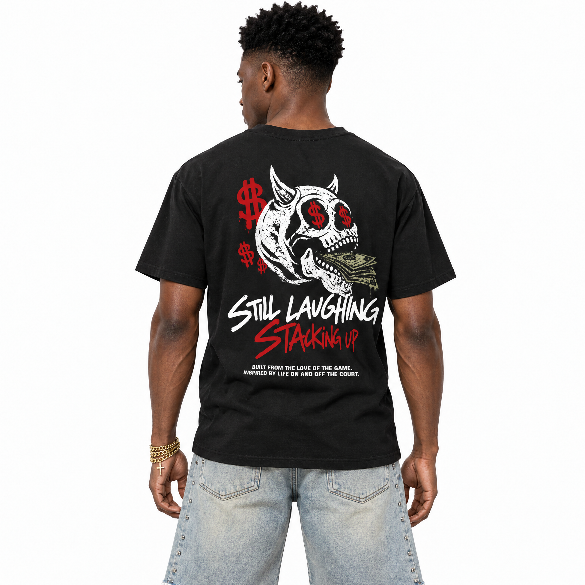 Still Laughing Stackig Up Black Graphic T-Shirt - 1, sneaker matching tee designed to match Air Jordan 9 Retro Space Jam sneakers for a coordinated sneaker outfit.
