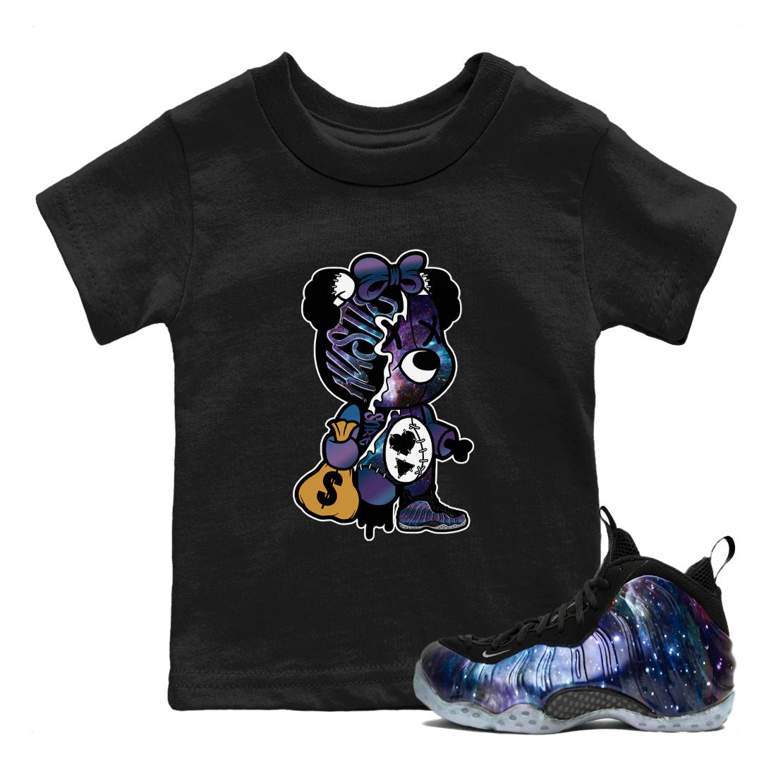 Air Foamposite One Galaxy shirts to match jordans Stitched Hustle Bear unique Halloween sneaker tee Air Foamposite One Galaxy SNRT Sneaker Release Tees Youth Baby Black 1 crew neck shirts