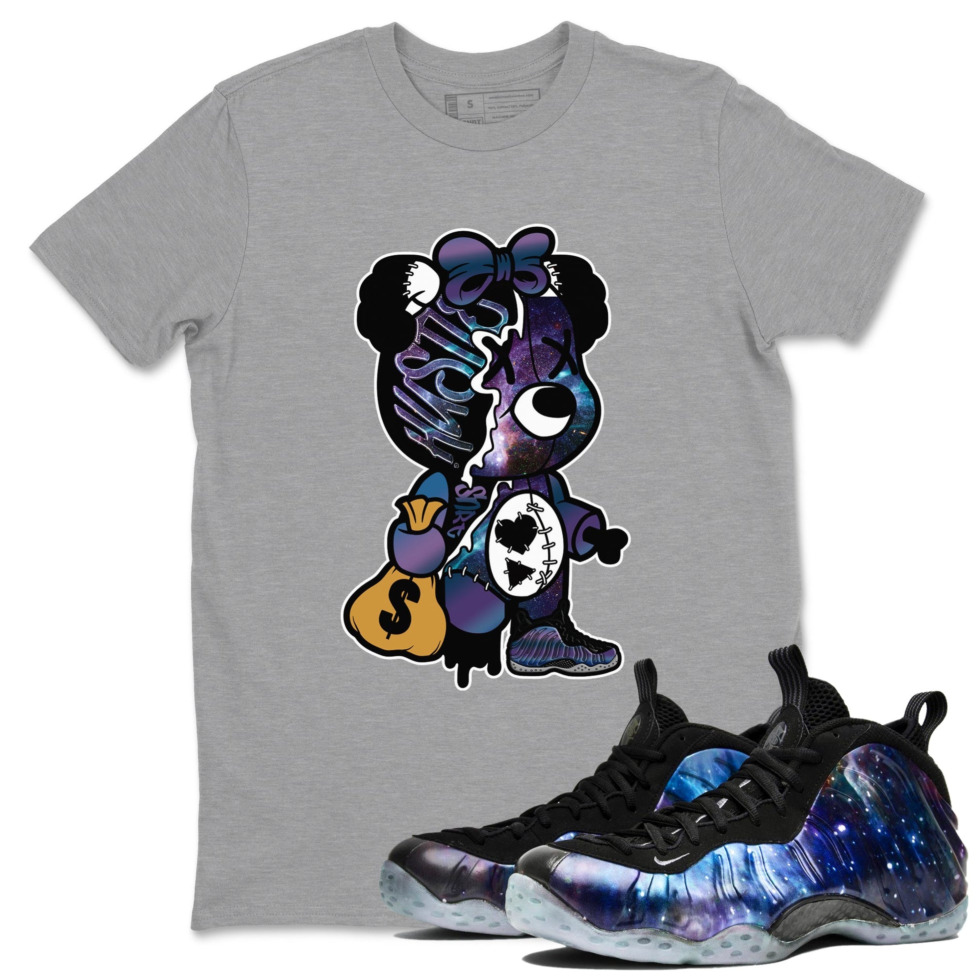 Air Foamposite One Galaxy shirts to match jordans Stitched Hustle Bear unique Halloween sneaker tee Air Foamposite One Galaxy SNRT Sneaker Release Tees unisex cotton Heather Grey 1 crew neck shirts