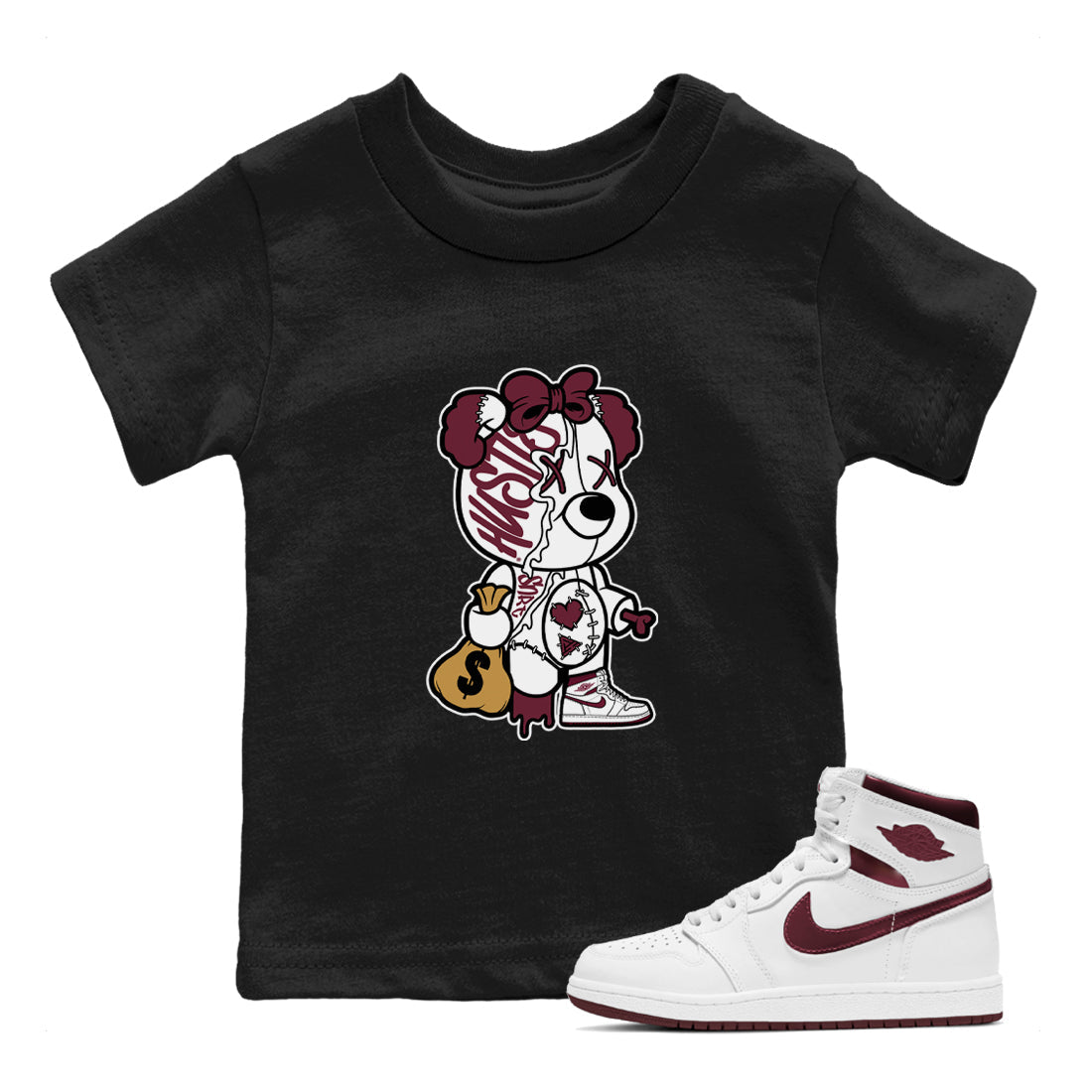 Air Jordan 1 High OG Metallic Burgundy shirts to match jordans Stitched Hustle Bear unique Halloween sneaker tee Air Jordan 1 Metallic Burgundy SNRT Sneaker Tees streetwear brand Baby and Youth Black 1 cotton tee