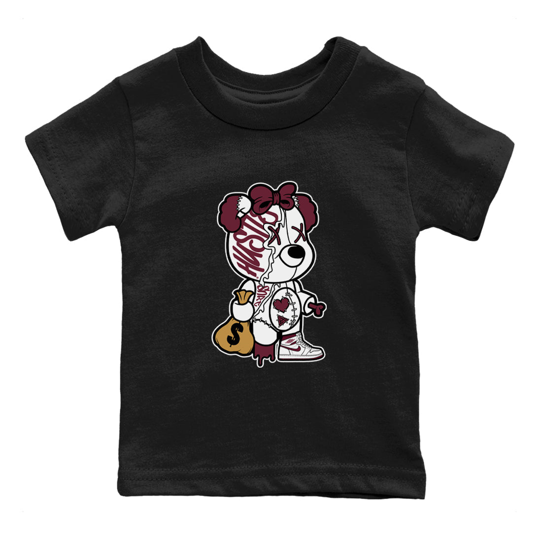 Air Jordan 1 High OG Metallic Burgundy shirts to match jordans Stitched Hustle Bear unique Halloween sneaker tee Air Jordan 1 Metallic Burgundy SNRT Sneaker Tees streetwear brand Baby and Youth Black 2 cotton tee