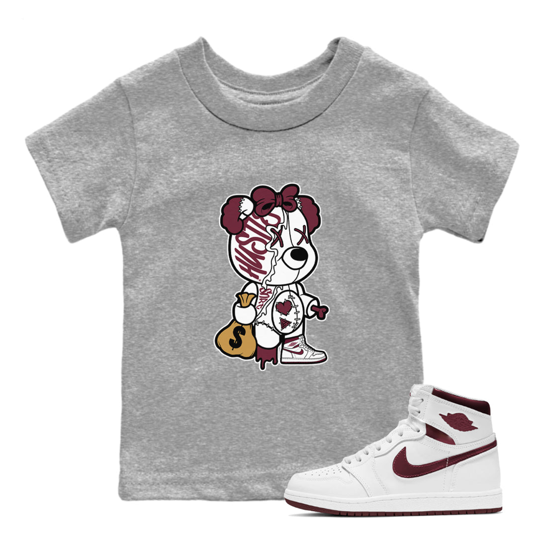 Air Jordan 1 High OG Metallic Burgundy shirts to match jordans Stitched Hustle Bear unique Halloween sneaker tee Air Jordan 1 Metallic Burgundy SNRT Sneaker Tees streetwear brand Baby and Youth Heather Grey 1 cotton tee