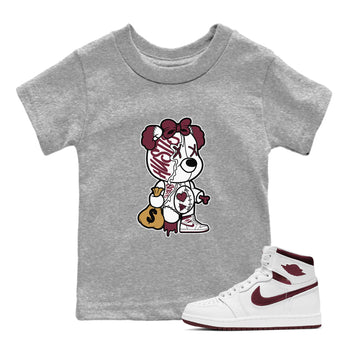 Air Jordan 1 High OG Metallic Burgundy shirts to match jordans Stitched Hustle Bear unique Halloween sneaker tee Air Jordan 1 Metallic Burgundy SNRT Sneaker Tees streetwear brand Baby and Youth Heather Grey 1 cotton tee