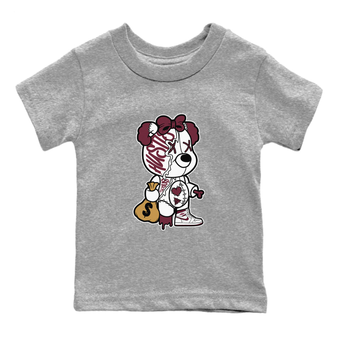 Air Jordan 1 High OG Metallic Burgundy shirts to match jordans Stitched Hustle Bear unique Halloween sneaker tee Air Jordan 1 Metallic Burgundy SNRT Sneaker Tees streetwear brand Baby and Youth Heather Grey 2 cotton tee