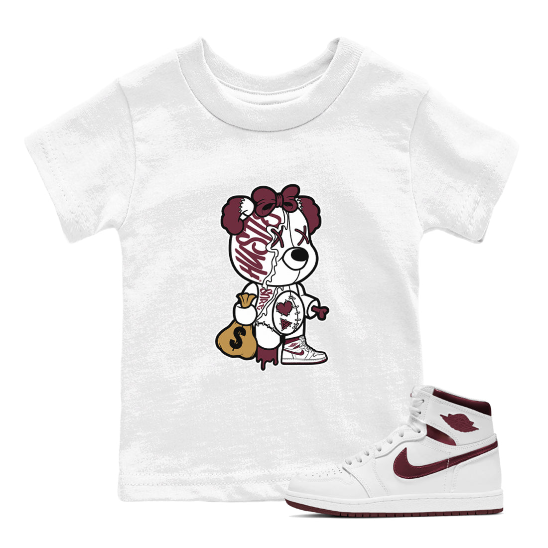 Air Jordan 1 High OG Metallic Burgundy shirts to match jordans Stitched Hustle Bear unique Halloween sneaker tee Air Jordan 1 Metallic Burgundy SNRT Sneaker Tees streetwear brand Baby and Youth White 1 cotton tee
