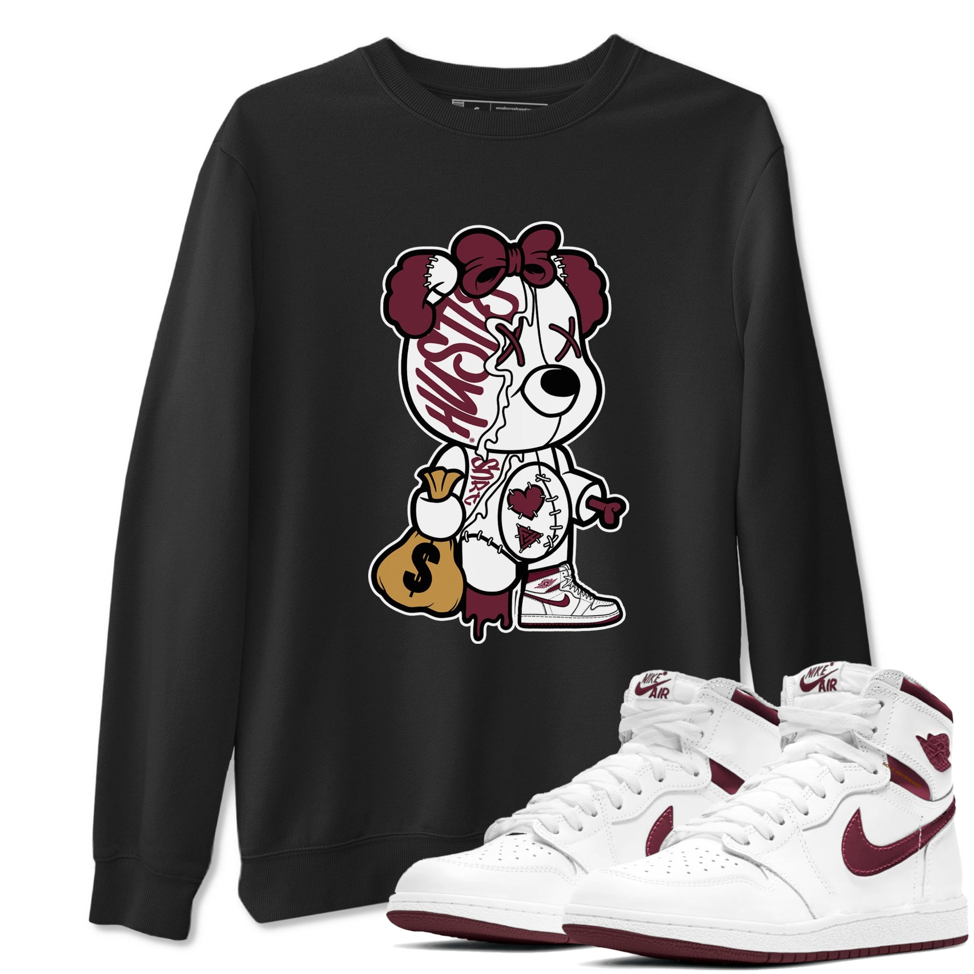 Air Jordan 1 High OG Metallic Burgundy shirts to match jordans Stitched Hustle Bear unique Halloween sneaker tee Air Jordan 1 Metallic Burgundy SNRT Sneaker Tees streetwear brand Black 1 unisex cotton tee