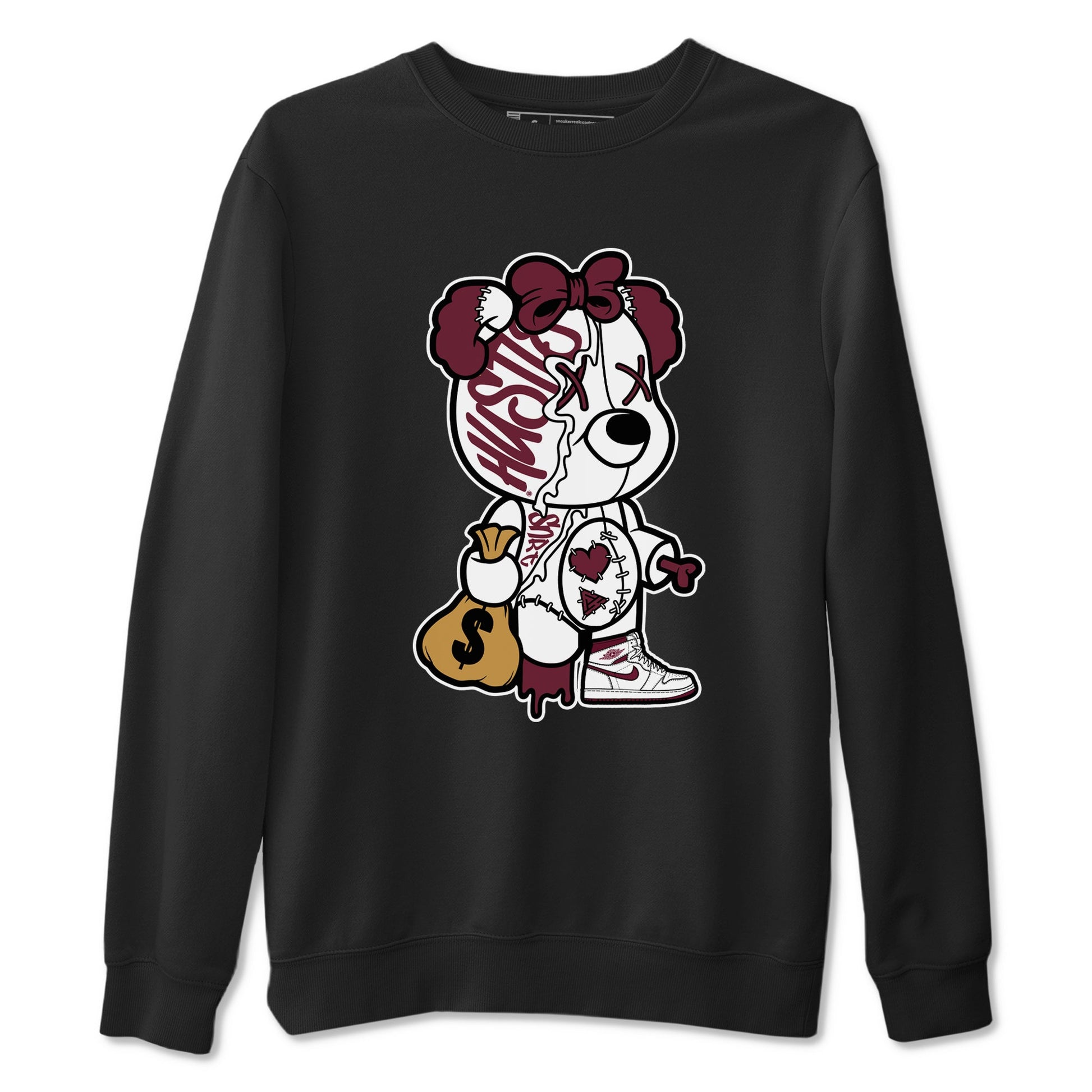 Air Jordan 1 High OG Metallic Burgundy shirts to match jordans Stitched Hustle Bear unique Halloween sneaker tee Air Jordan 1 Metallic Burgundy SNRT Sneaker Tees streetwear brand Black 2 unisex cotton tee