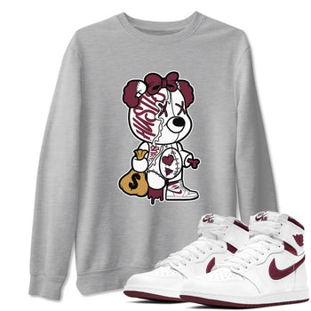 Air Jordan 1 High OG Metallic Burgundy shirts to match jordans Stitched Hustle Bear unique Halloween sneaker tee Air Jordan 1 Metallic Burgundy SNRT Sneaker Tees streetwear brand Heather Grey 1 unisex cotton tee