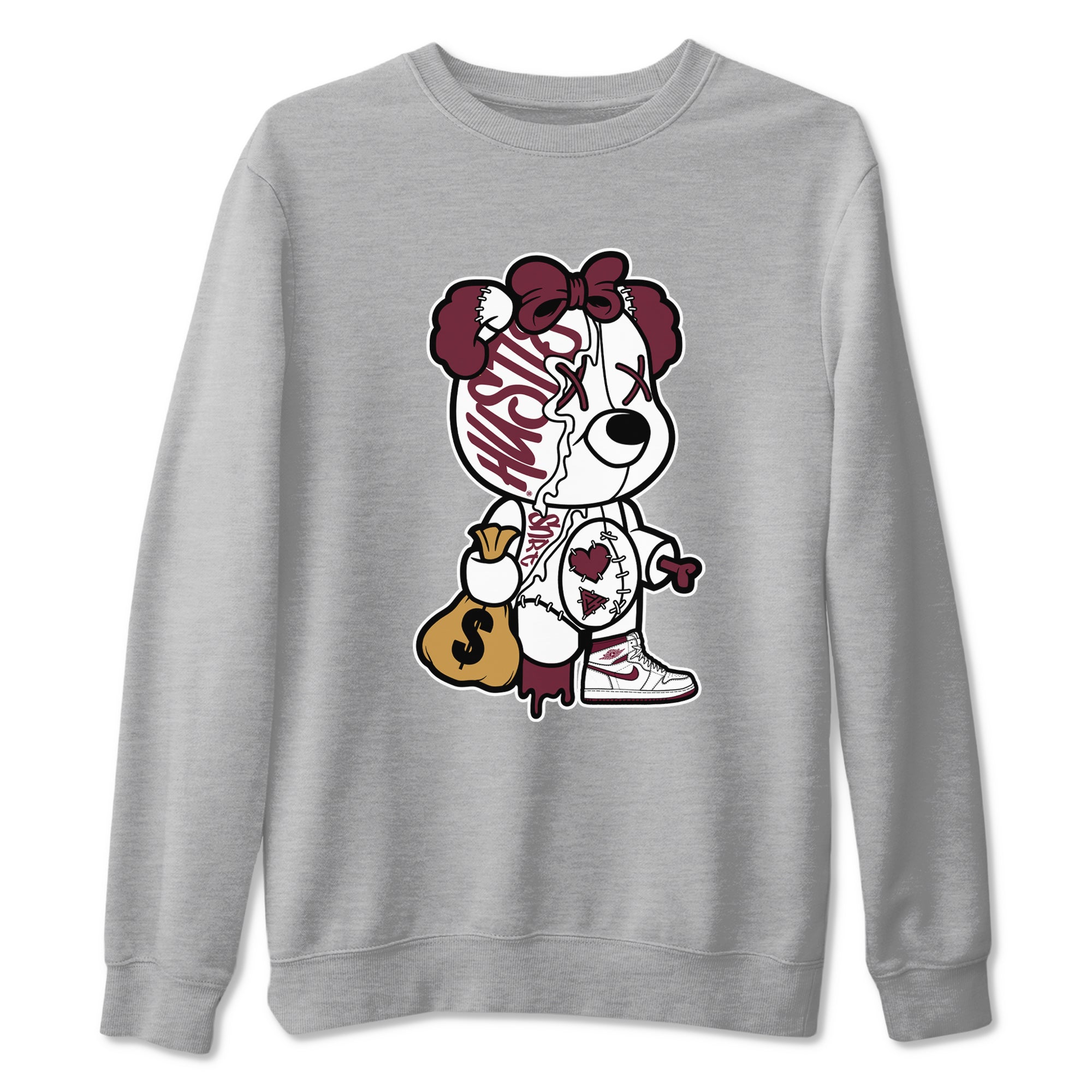 Air Jordan 1 High OG Metallic Burgundy shirts to match jordans Stitched Hustle Bear unique Halloween sneaker tee Air Jordan 1 Metallic Burgundy SNRT Sneaker Tees streetwear brand Heather Grey 2 unisex cotton tee