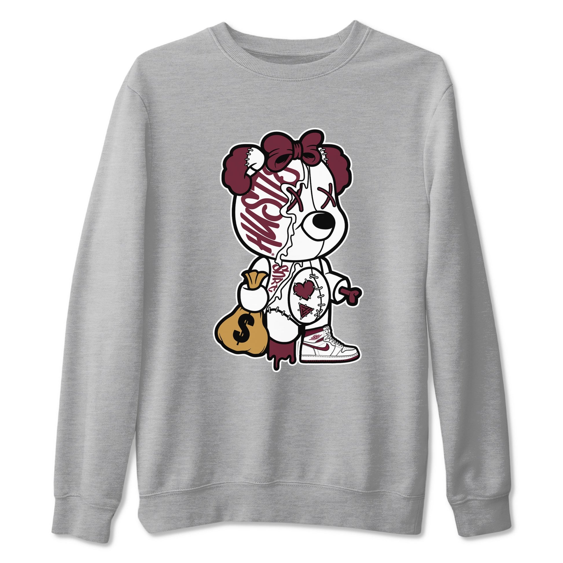 Air Jordan 1 High OG Metallic Burgundy shirts to match jordans Stitched Hustle Bear unique Halloween sneaker tee Air Jordan 1 Metallic Burgundy SNRT Sneaker Tees streetwear brand Heather Grey 2 unisex cotton tee