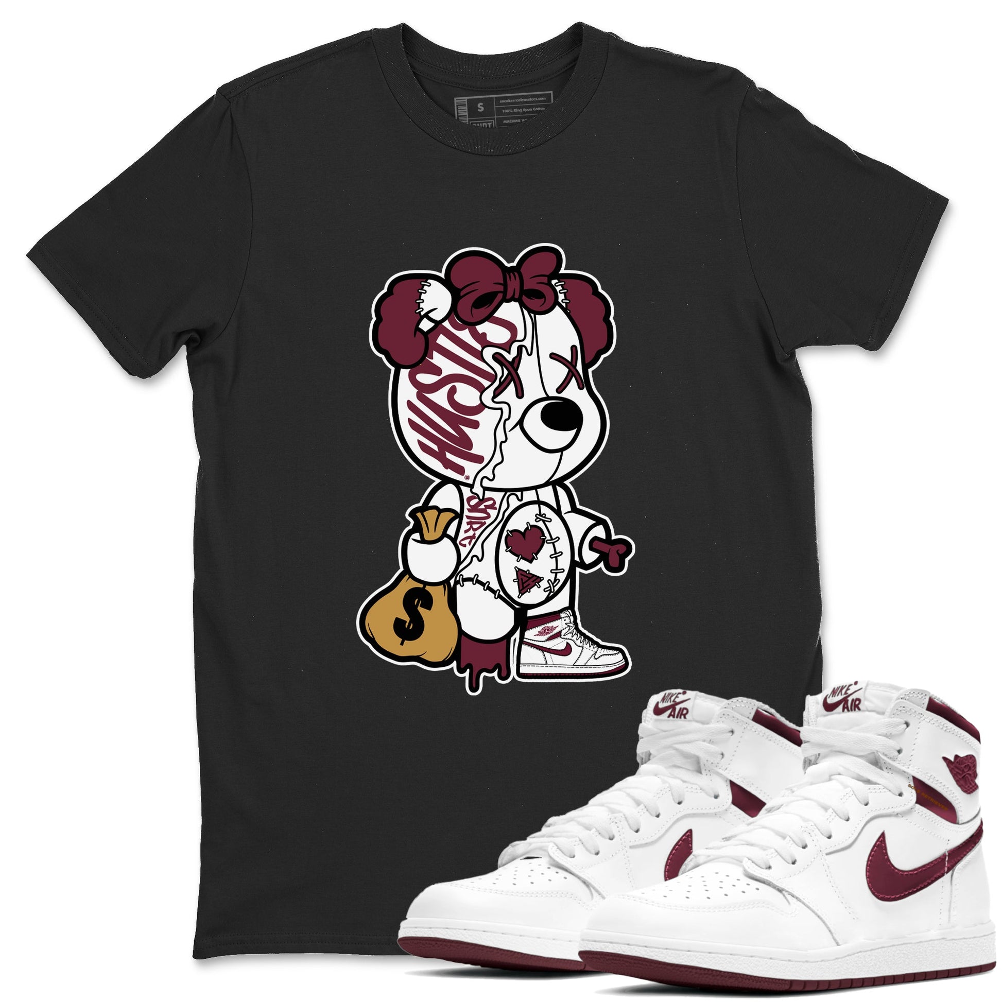Air Jordan 1 High OG Metallic Burgundy shirts to match jordans Stitched Hustle Bear unique Halloween sneaker tee Air Jordan 1 Metallic Burgundy SNRT Sneaker Tees streetwear brand Black 1 unisex cotton tee