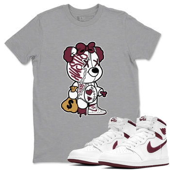 Air Jordan 1 High OG Metallic Burgundy shirts to match jordans Stitched Hustle Bear unique Halloween sneaker tee Air Jordan 1 Metallic Burgundy SNRT Sneaker Tees streetwear brand Heather Grey 1 unisex cotton tee