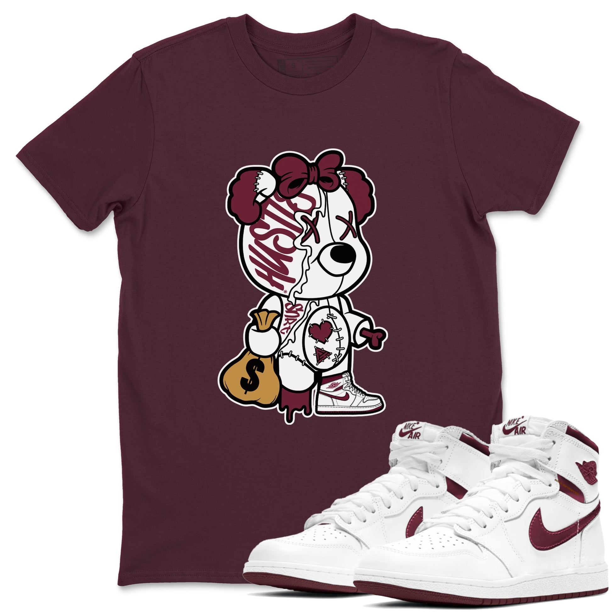 Air Jordan 1 High OG Metallic Burgundy shirts to match jordans Stitched Hustle Bear unique Halloween sneaker tee Air Jordan 1 Metallic Burgundy SNRT Sneaker Tees streetwear brand Maroon 1 unisex cotton tee