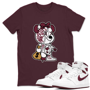Air Jordan 1 High OG Metallic Burgundy shirts to match jordans Stitched Hustle Bear unique Halloween sneaker tee Air Jordan 1 Metallic Burgundy SNRT Sneaker Tees streetwear brand Maroon 1 unisex cotton tee