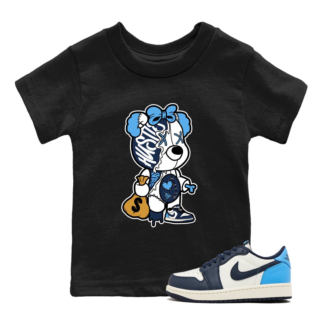 1s Obsidian shirts to match jordans Stitched Hustle Bear sneaker match tees Air Jordan 1 Low OG Obsidian match shoes to clothes SNRT Sneaker Tees Youth Baby Black 1 tee