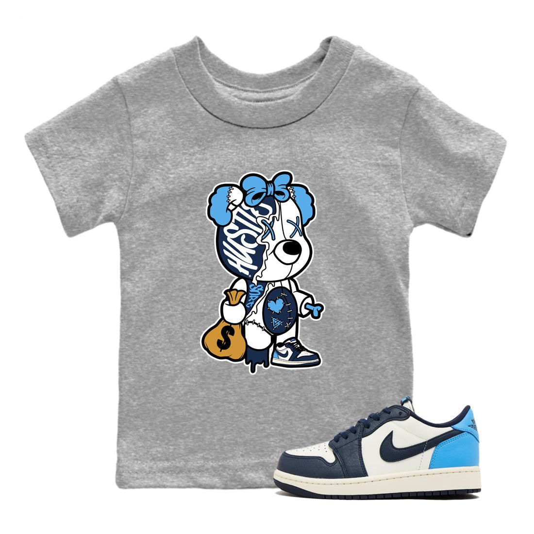 1s Obsidian shirts to match jordans Stitched Hustle Bear sneaker match tees Air Jordan 1 Low OG Obsidian match shoes to clothes SNRT Sneaker Tees Youth Baby Heather Grey 1 tee