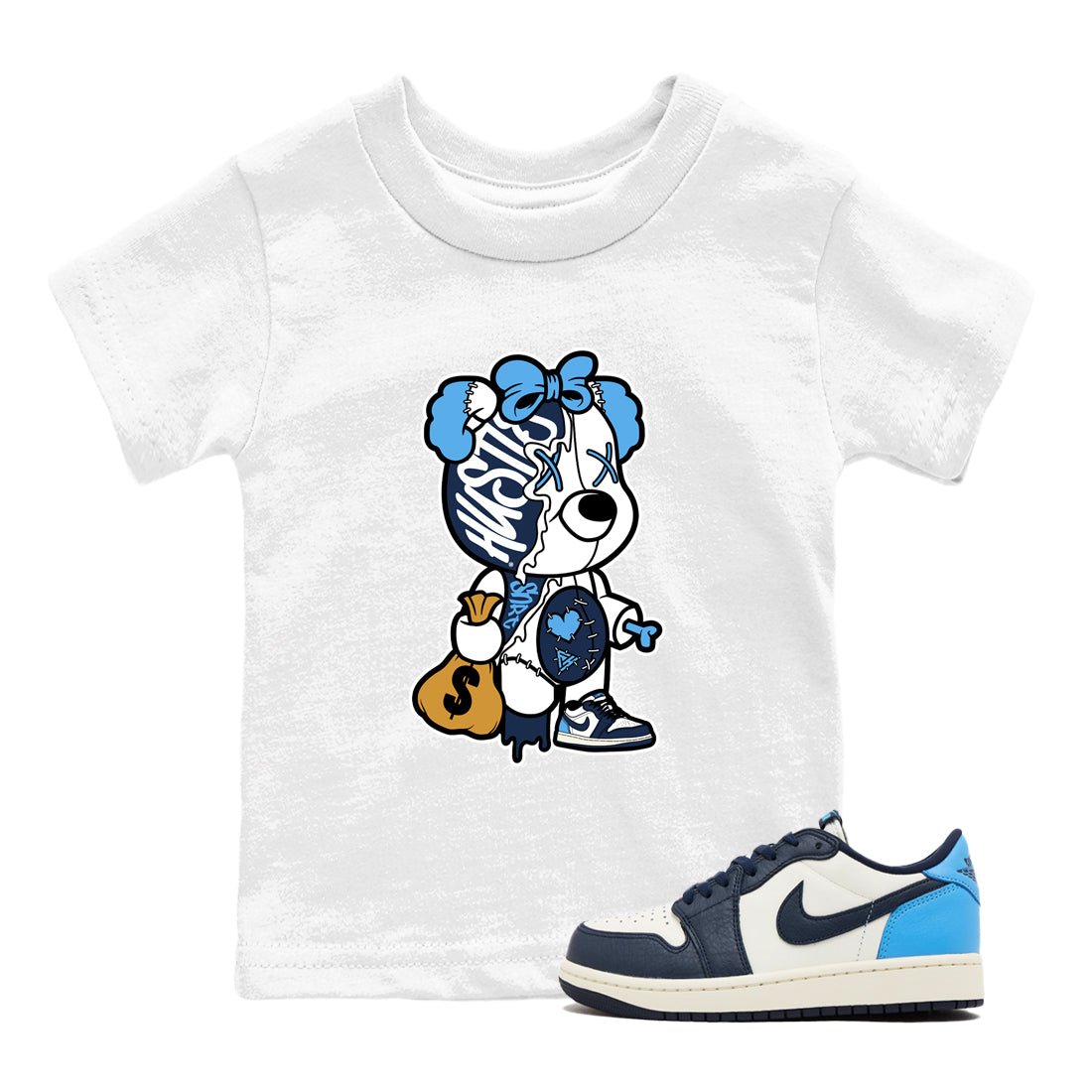 1s Obsidian shirts to match jordans Stitched Hustle Bear sneaker match tees Air Jordan 1 Low OG Obsidian match shoes to clothes SNRT Sneaker Tees Youth Baby White 1 tee