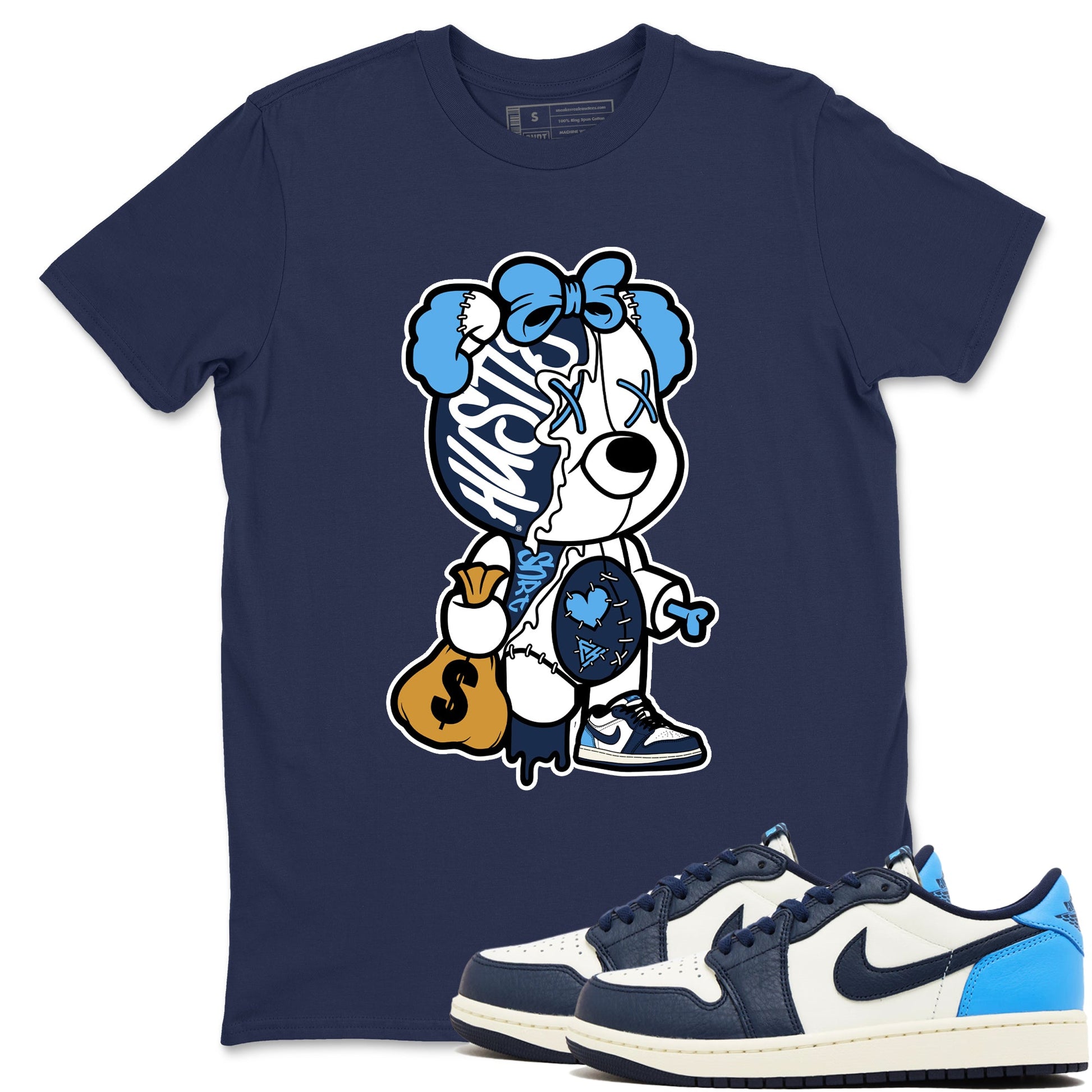 1s Obsidian shirts to match jordans Stitched Hustle Bear sneaker match tees Air Jordan 1 Low OG Obsidian match shoes to clothes SNRT Sneaker Tees unisex cotton Navy 1 shirts